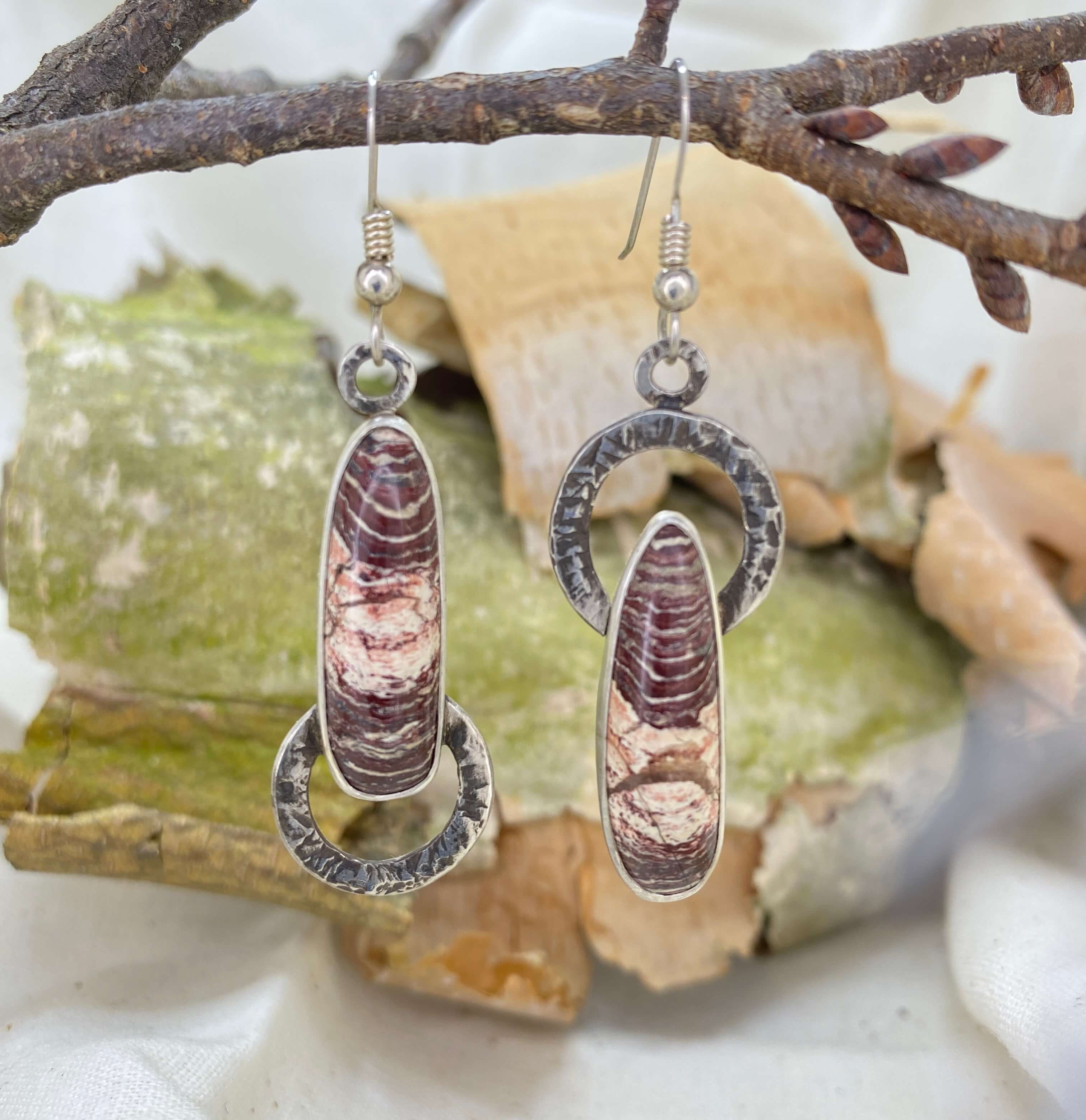 Snakeskin Jasper earring with texture front view