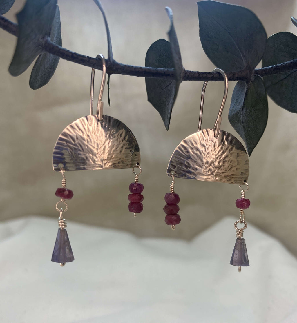 Hammered sterling silver half moon disc with ruby and iolite beads_front view