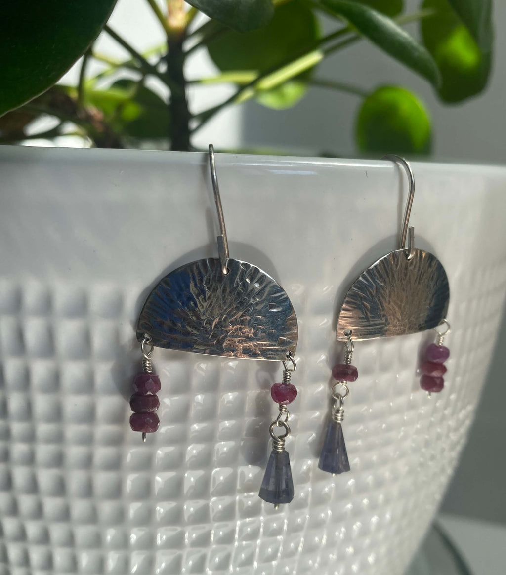 Hammered sterling silver half moon disc with ruby and iolite beads_side view