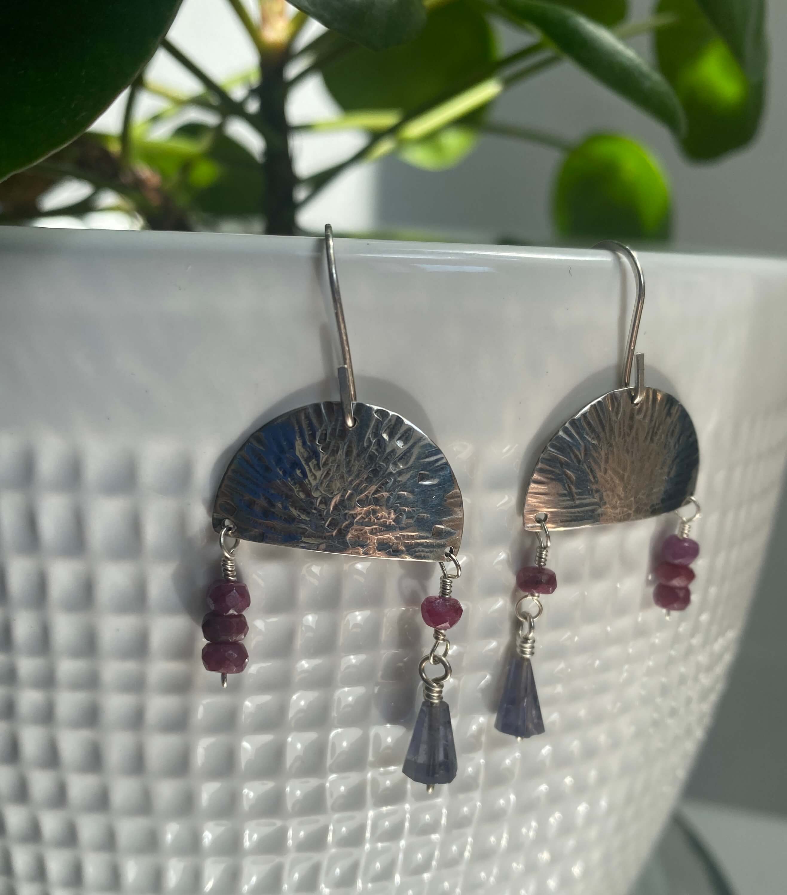 Hammered sterling silver half moon disc with ruby and iolite beads_side view