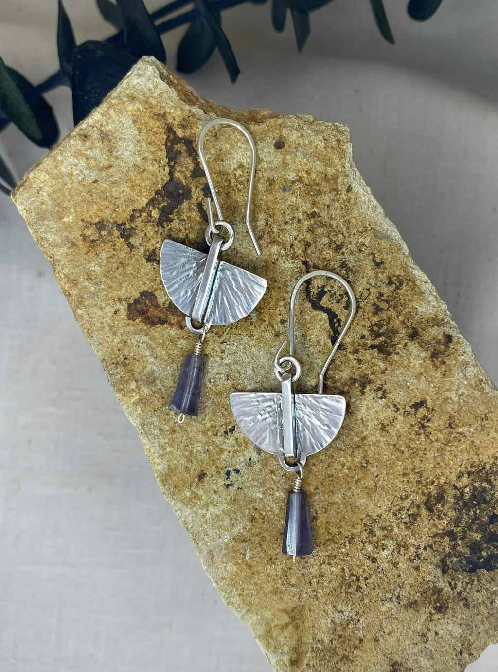 Hammer sterling silver modern wings with iolite cone bead_top view