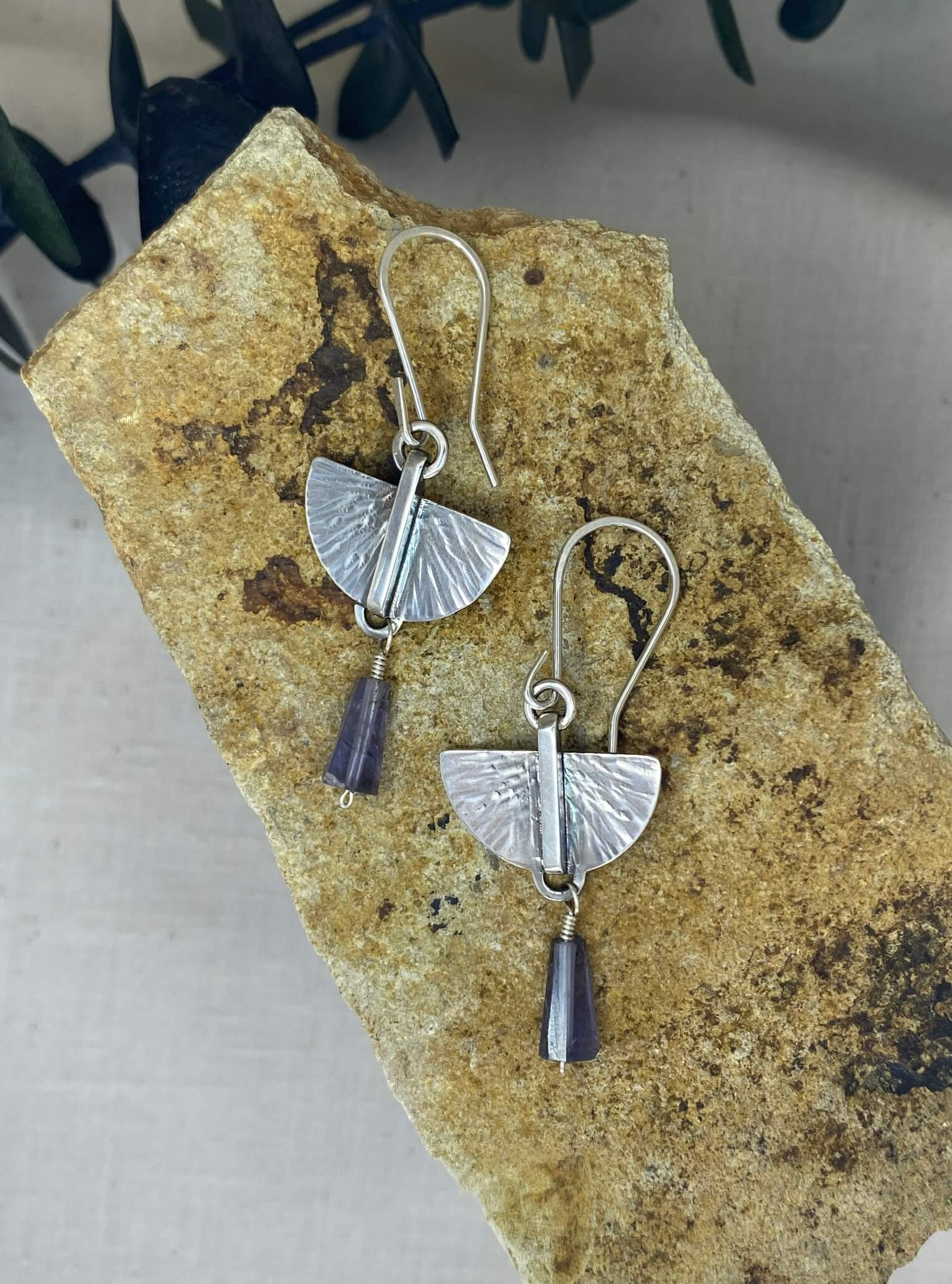 Hammer sterling silver modern wings with iolite cone bead_top view
