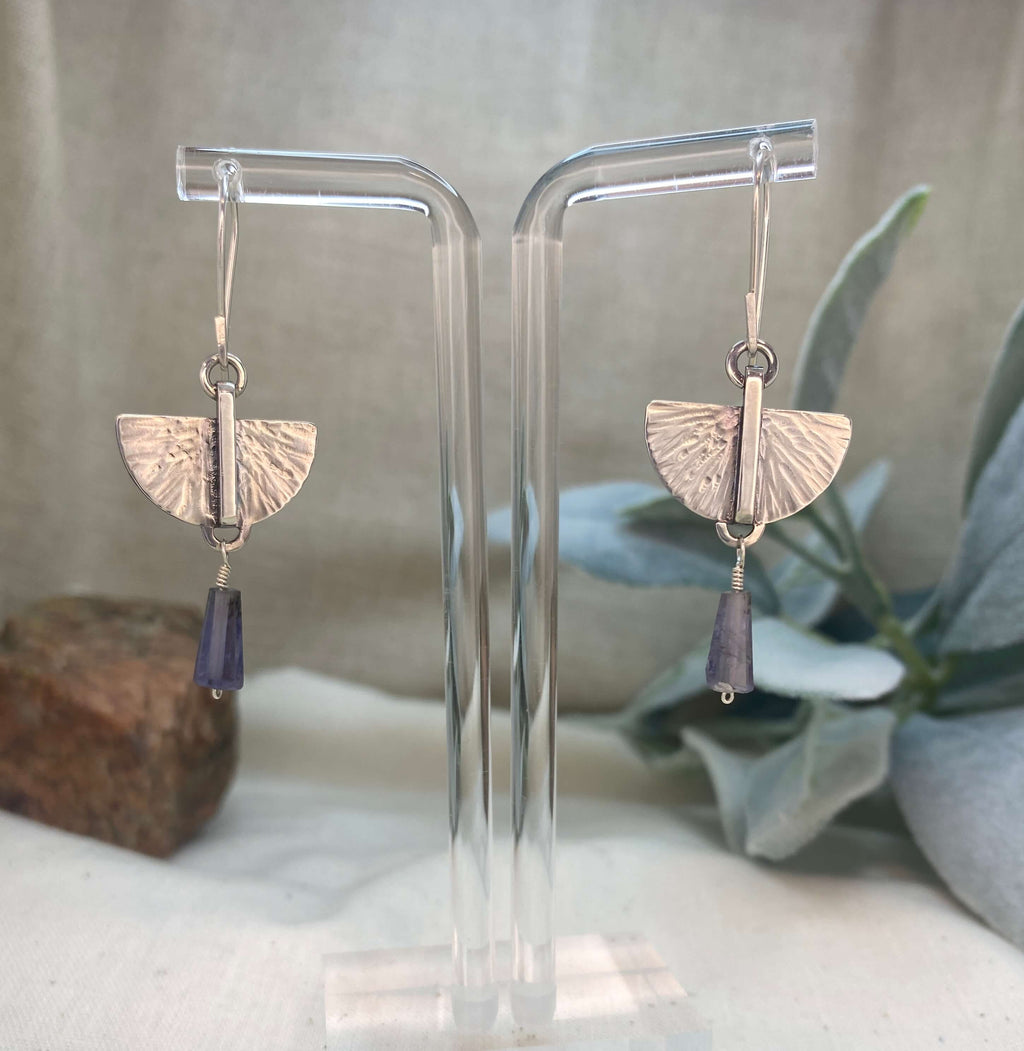 Hammer sterling silver modern wings with iolite cone bead_front view