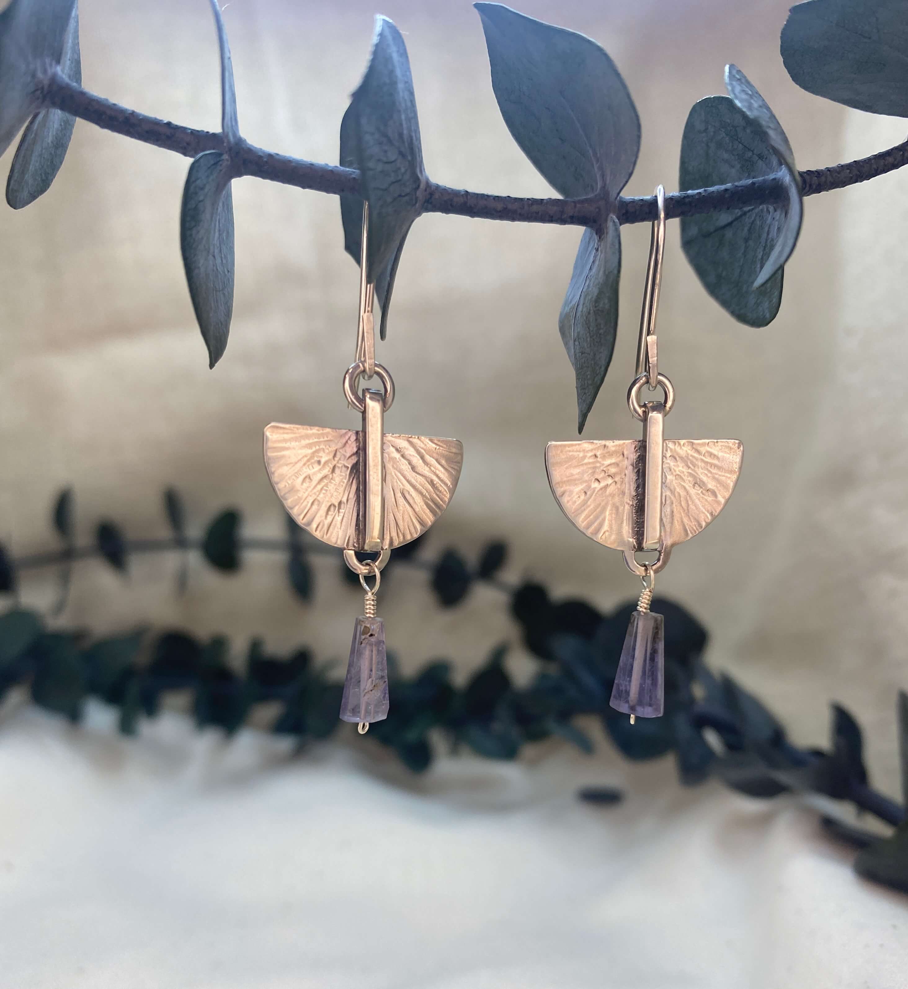 Hammer sterling silver modern wings with iolite cone bead_front view