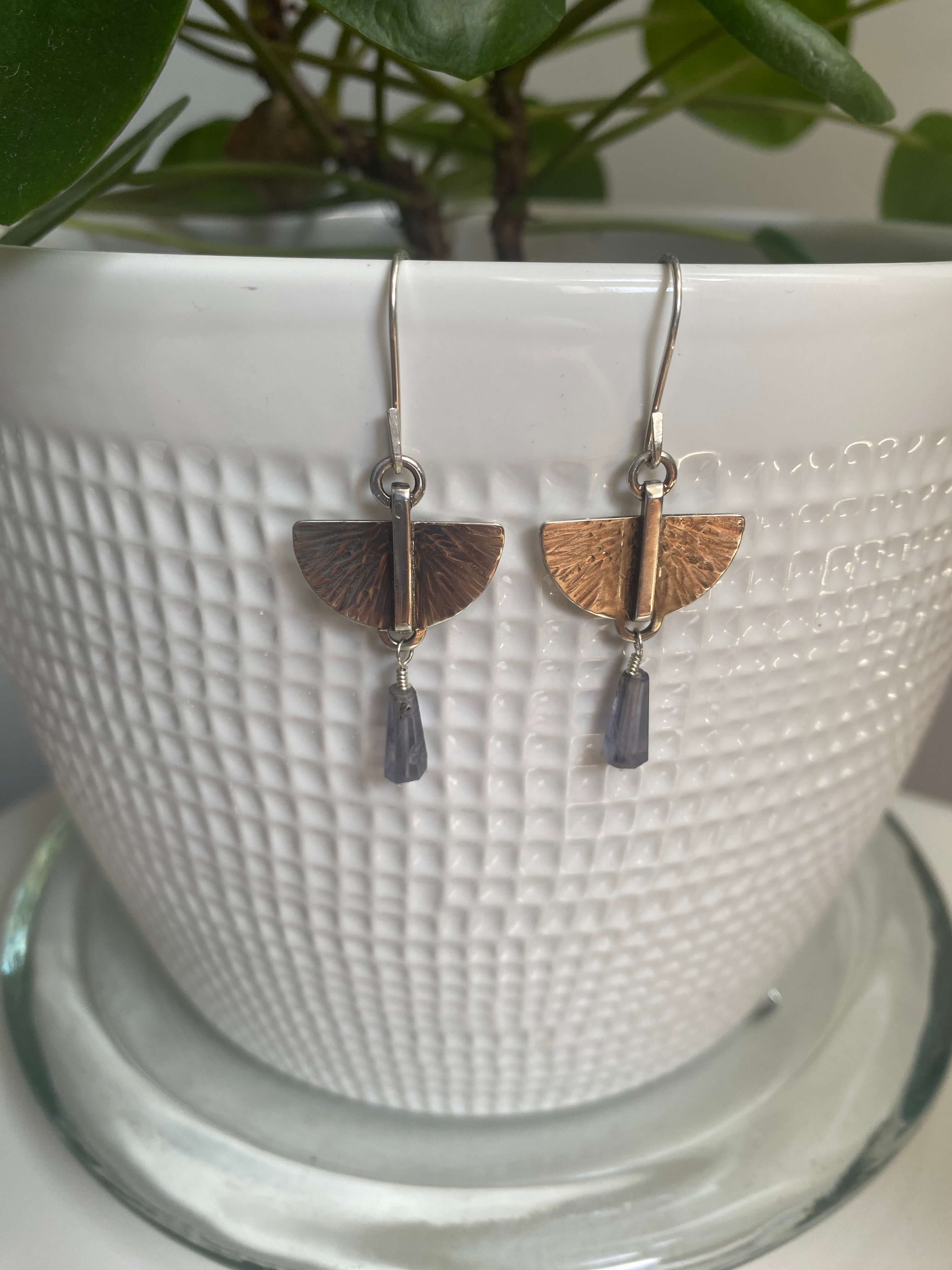Hammer sterling silver modern wings with iolite cone bead_front view