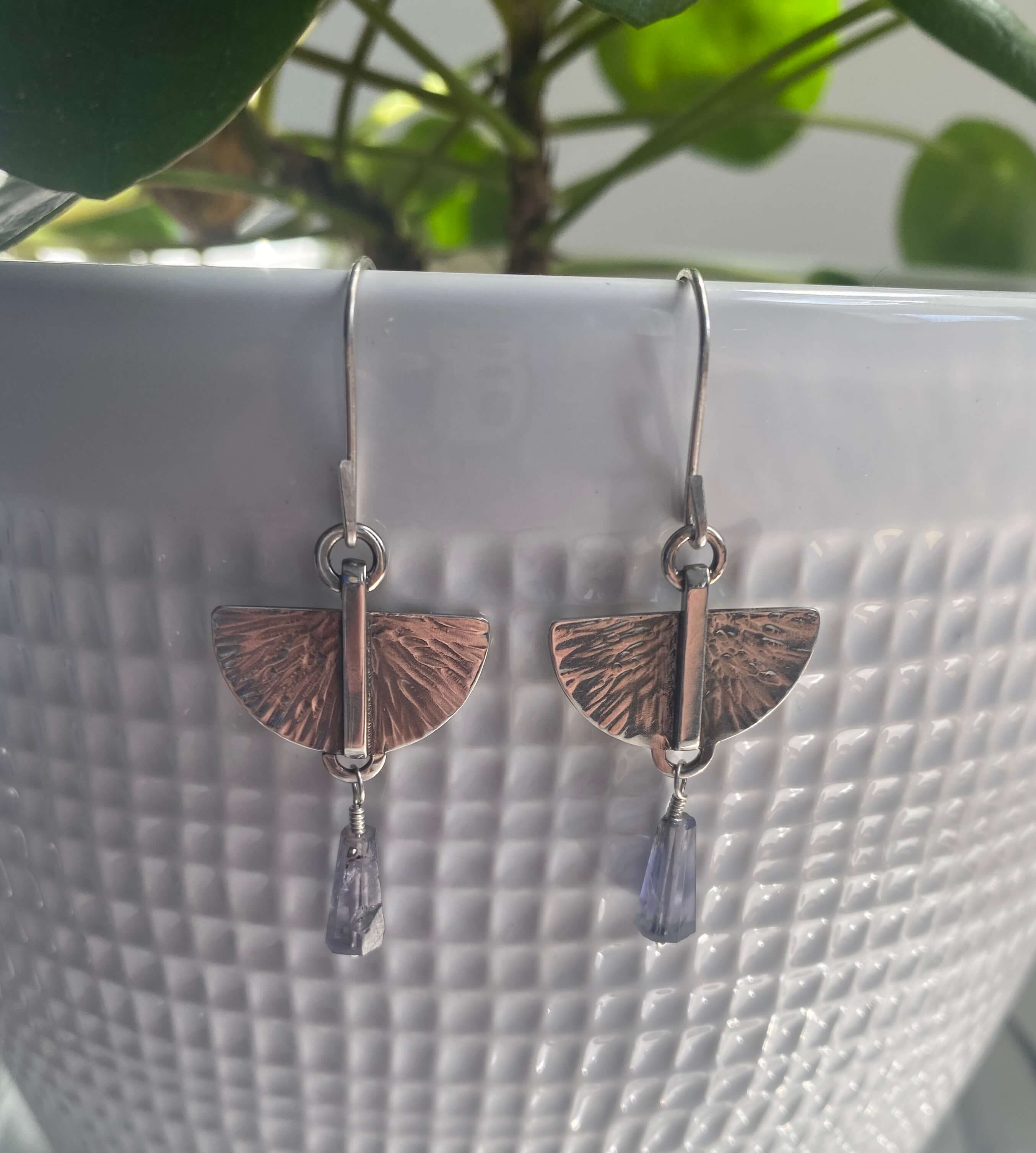 Hammer sterling silver modern wings with iolite cone bead_front view
