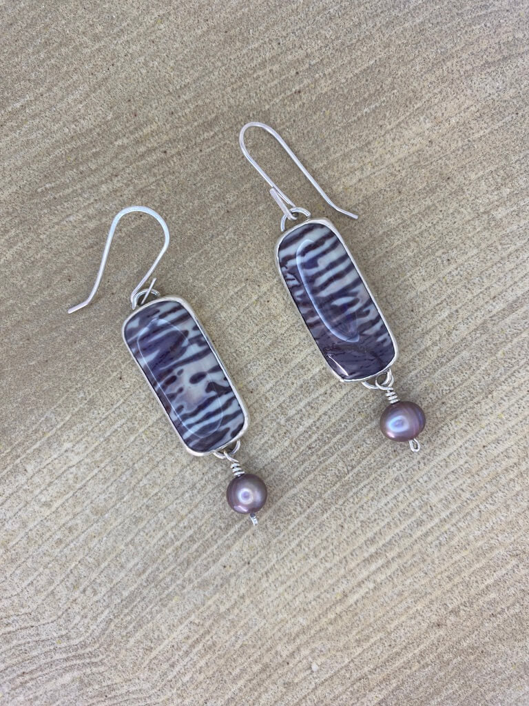 Zebra Jasper Earrings with Pearl Accent_Overhead View, laying flat