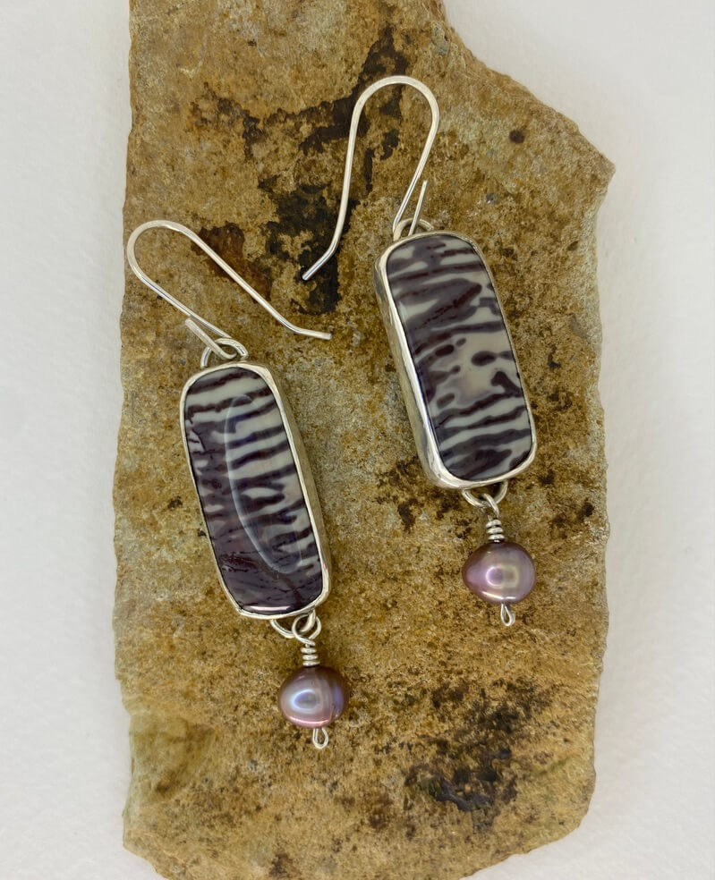 Zebra Jasper Earrings with Pearl Accent_Overheard view, laying flat