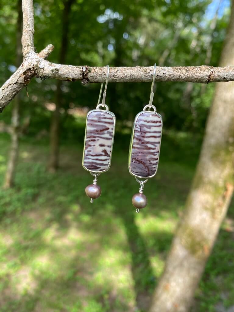 Zebra Jasper Earrings with Pearl Accent_Front View, hangin from branch