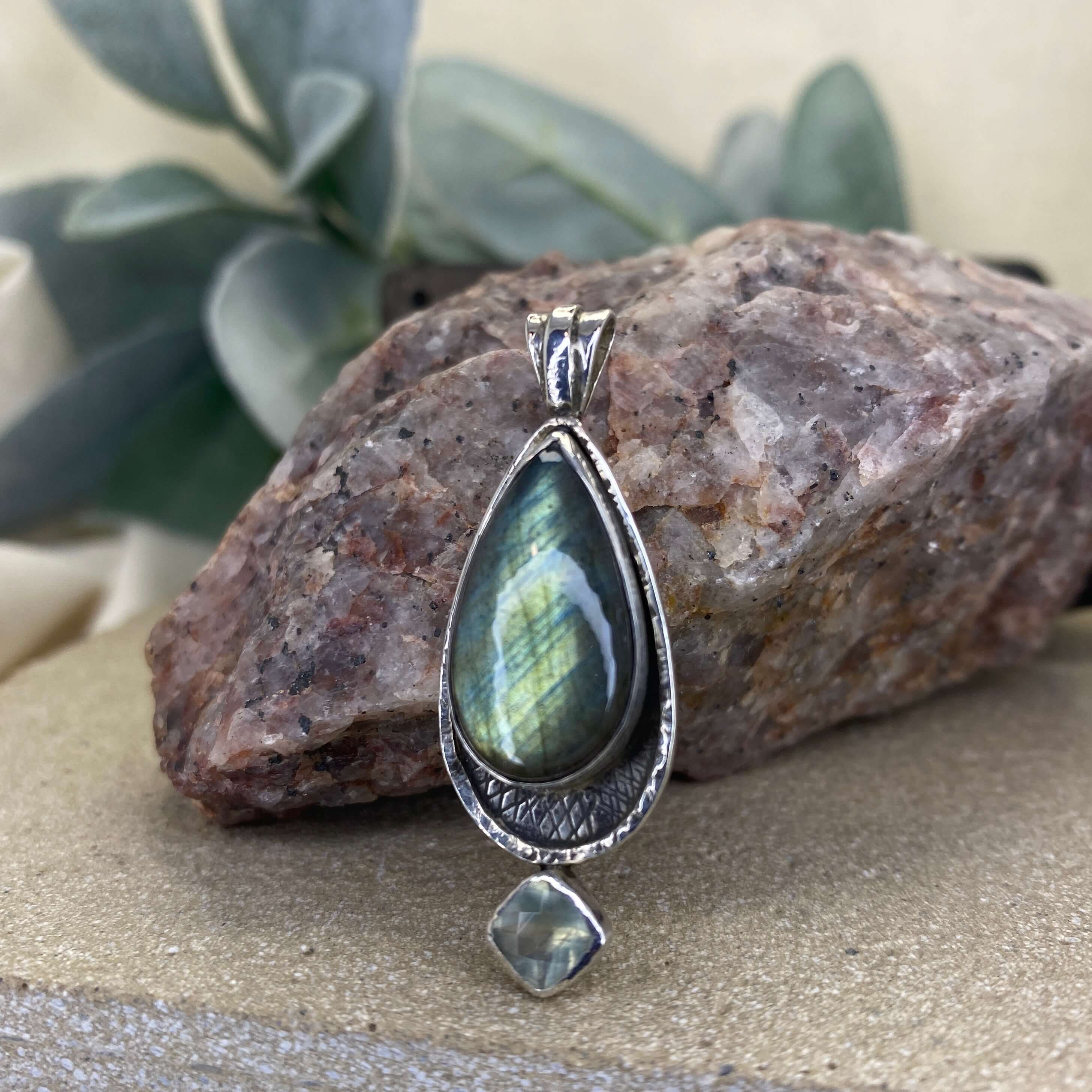 labradorite and prehnite pendant in sterling silver - front view detail
