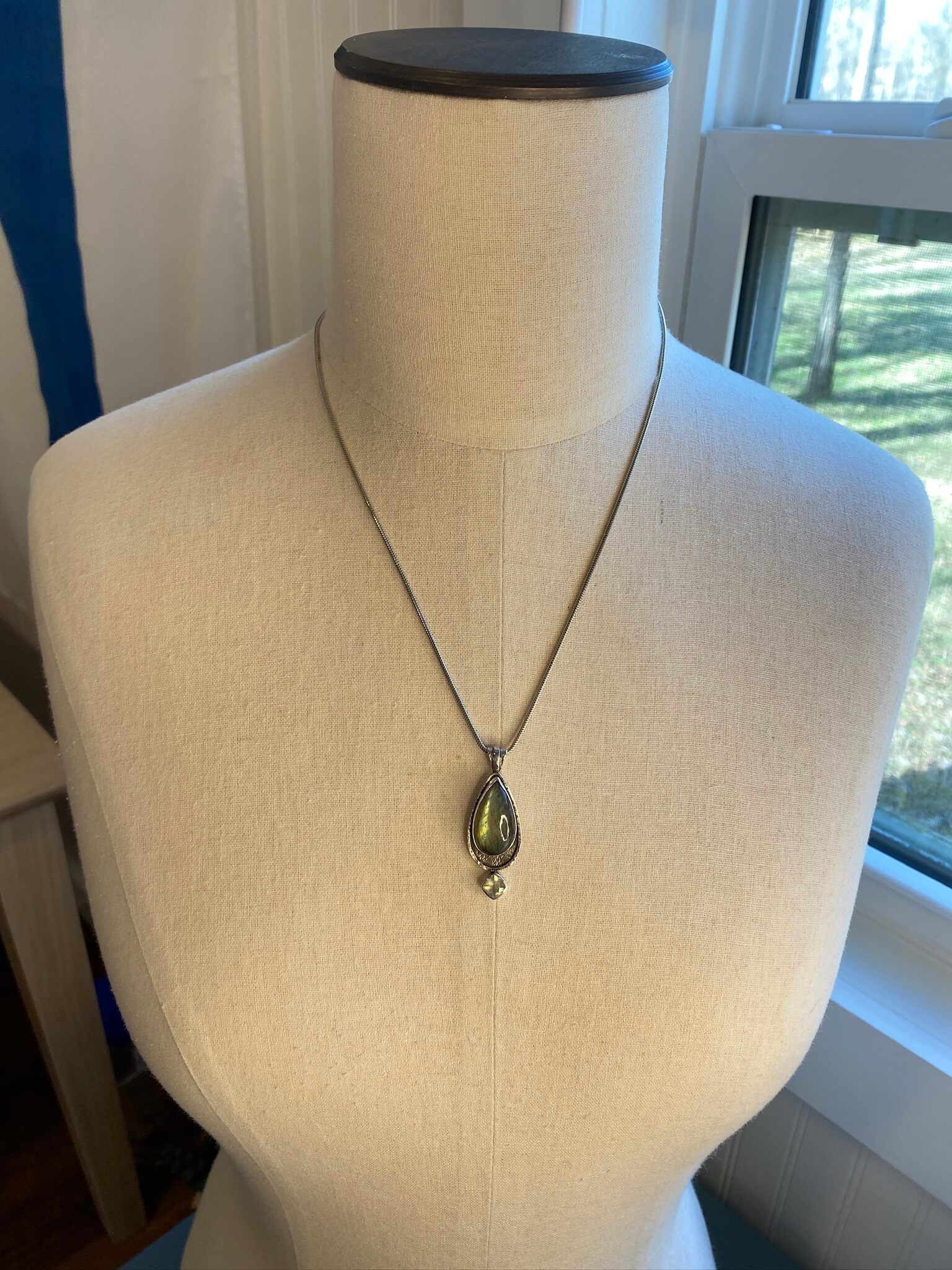 labradorite and prehnite pendant in sterling silver - draped view