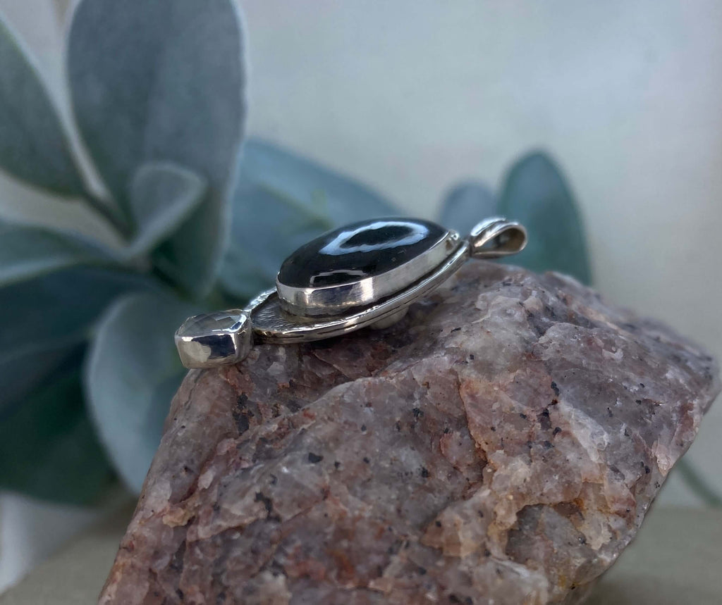 labradorite and prehnite pendant in sterling silver - left side detail view