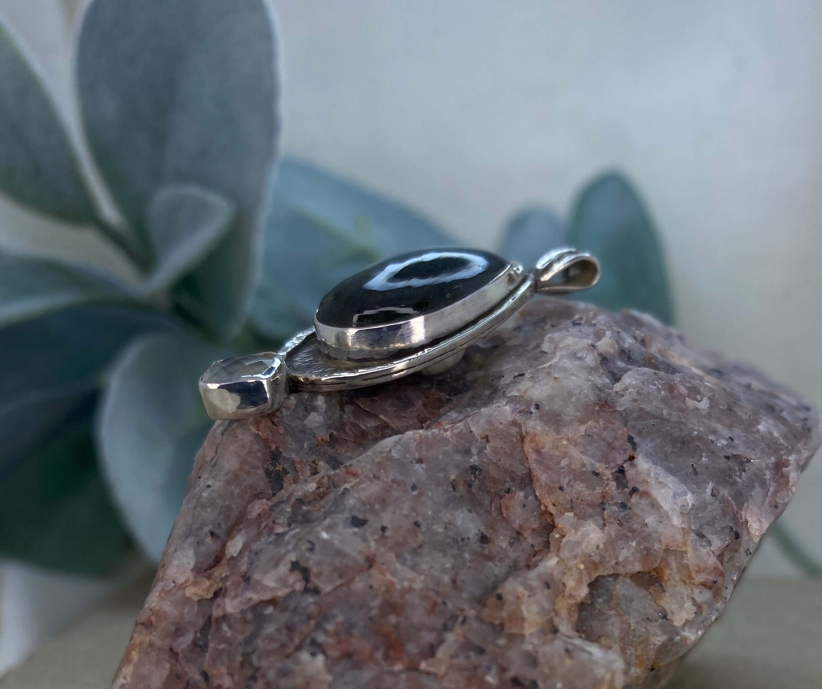 labradorite and prehnite pendant in sterling silver - left side detail view