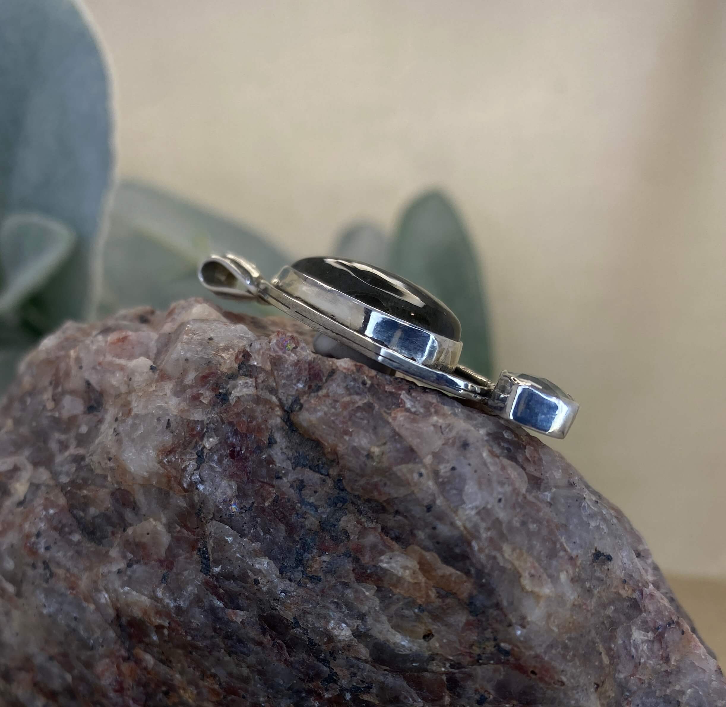 labradorite and prehnite pendant in sterling silver - right side view detail