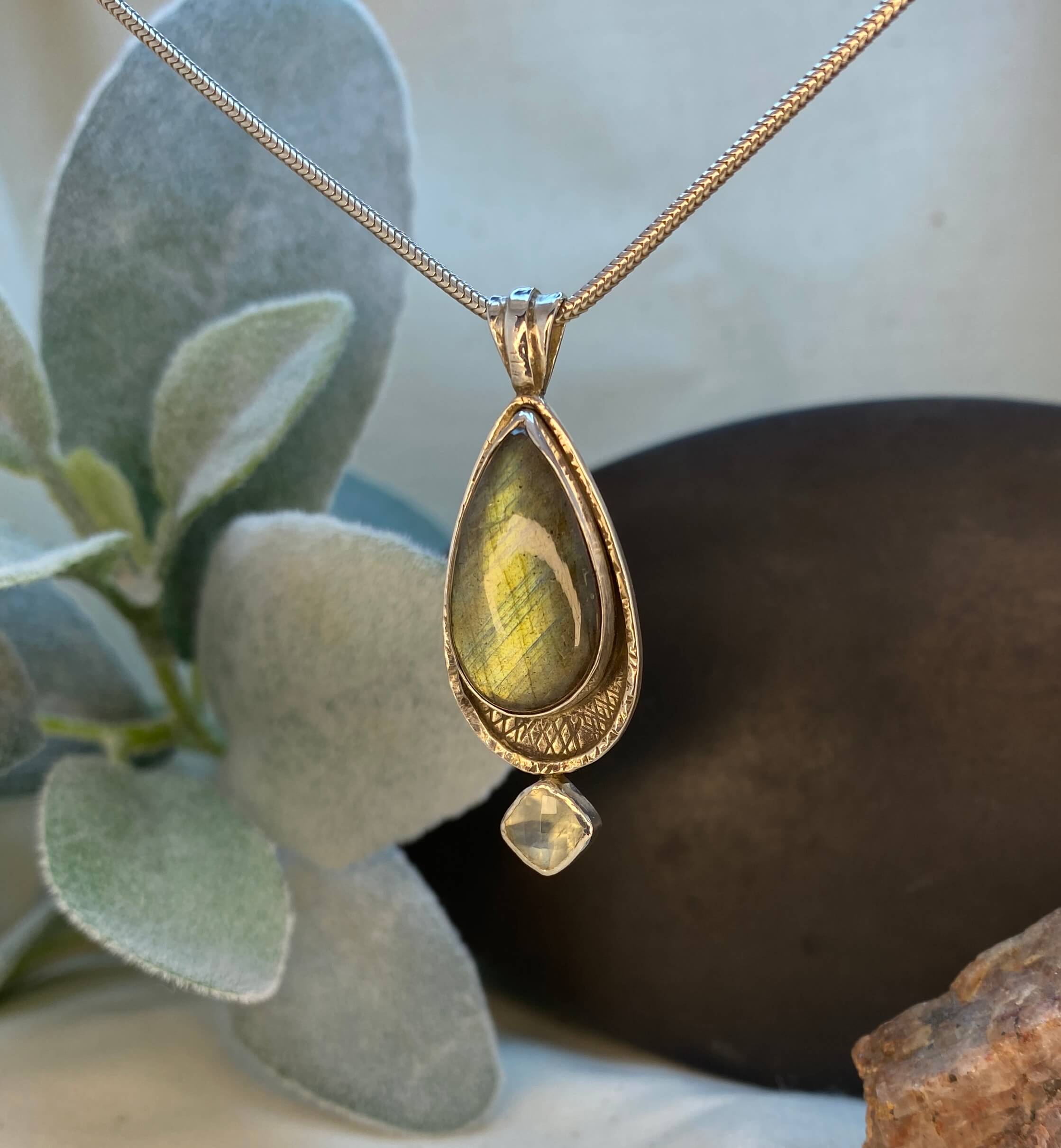 labradorite and prehnite pendant in sterling silver - left side view