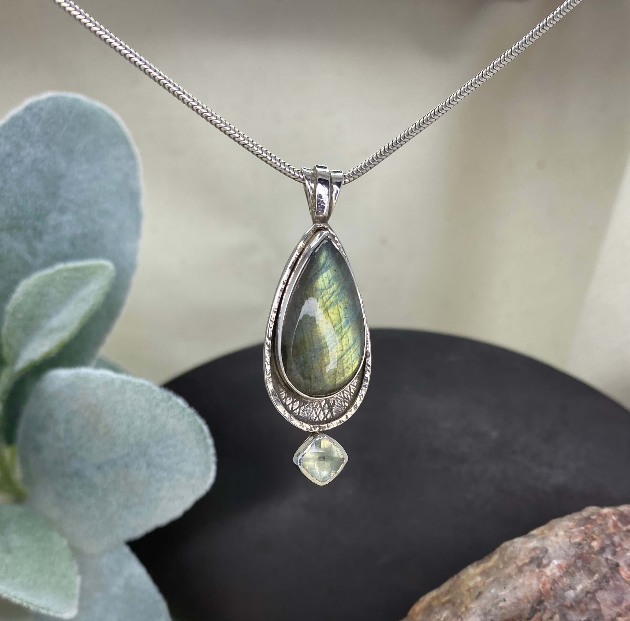 labradorite and prehnite pendant in sterling silver - front view hanging