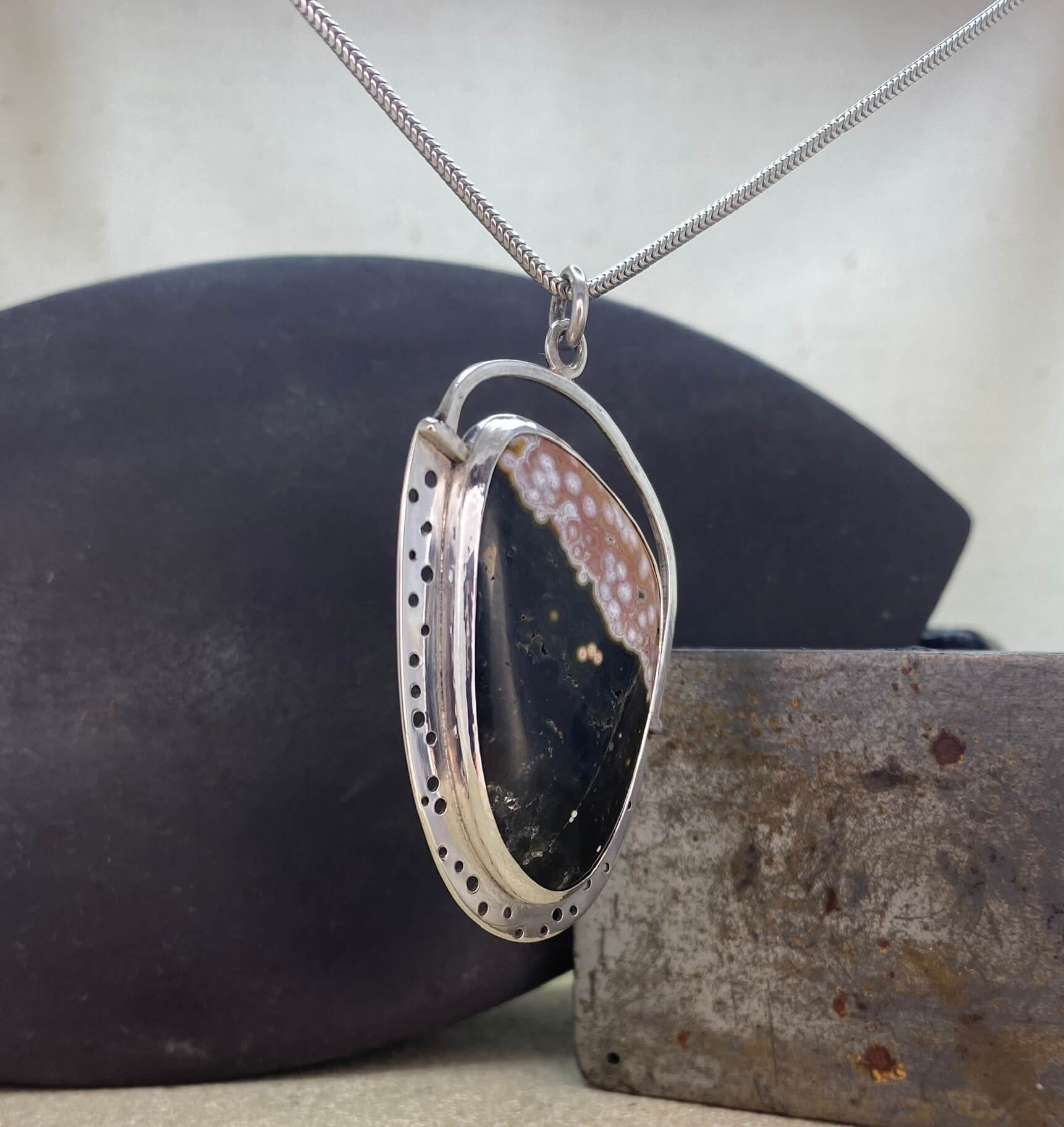 Ocean Jasper pendant in sterling silver - right side view
