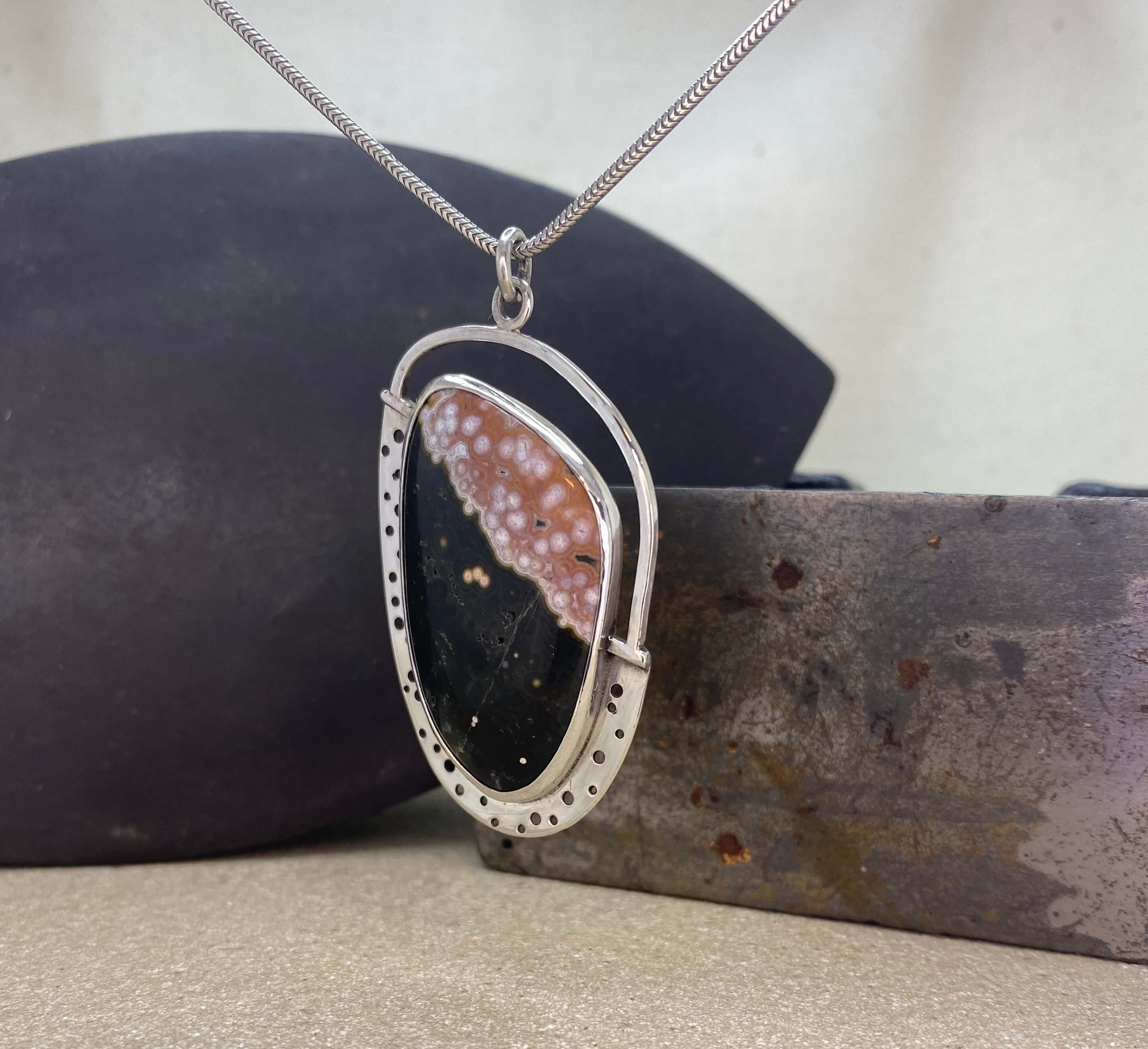 Ocean Jasper pendant in sterling silver - left side view