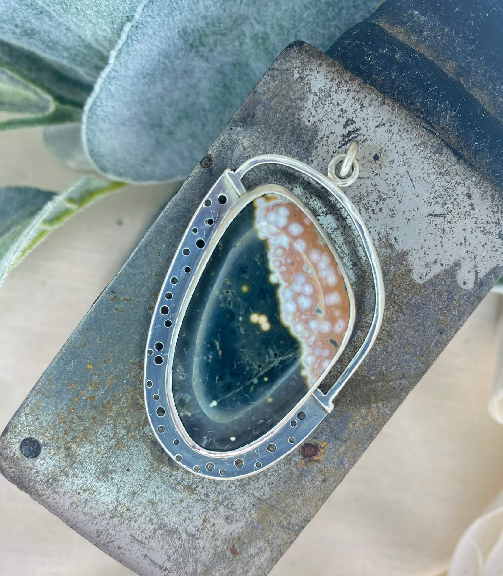 Ocean Jasper pendant in sterling silver - front view