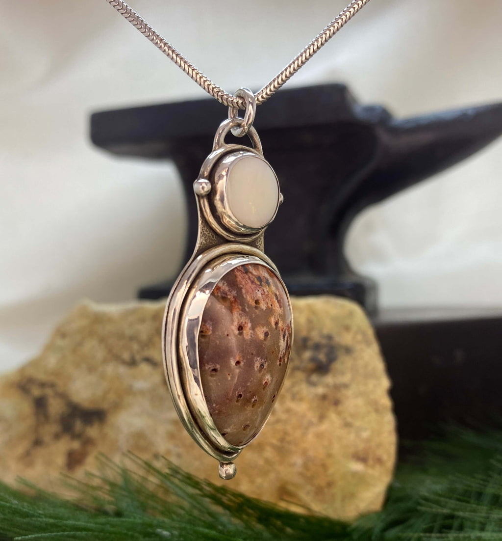 Petrified Palm Wood and Opal sterling silver pendant - right side view