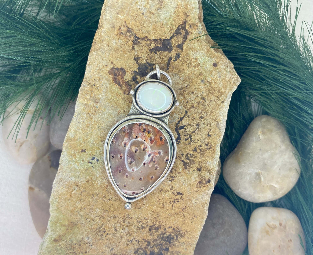 Petrified Palm Wood and Opal sterling silver pendant - front view