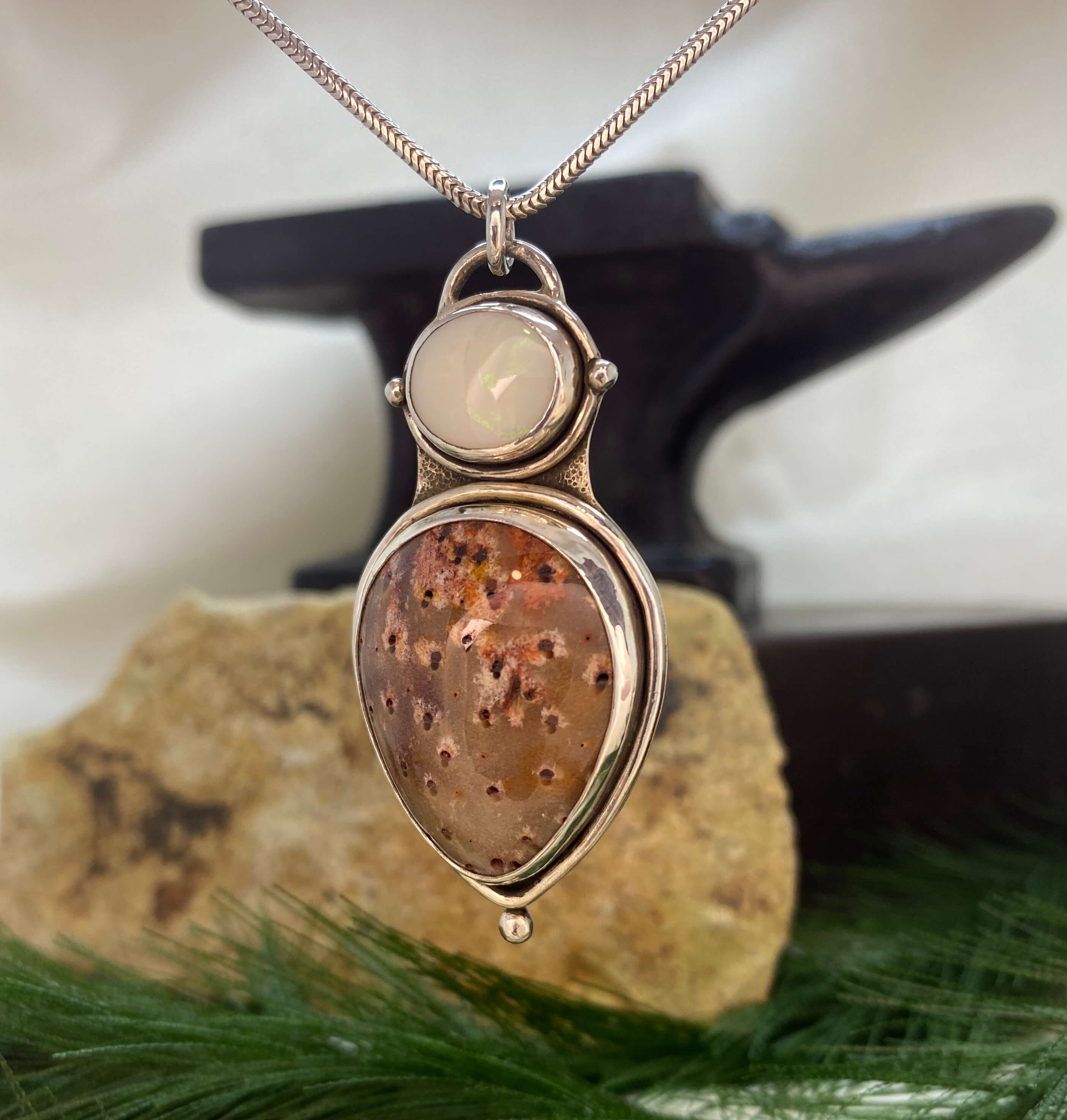 Petrified Palm Wood and Opal sterling silver pendant - left side view