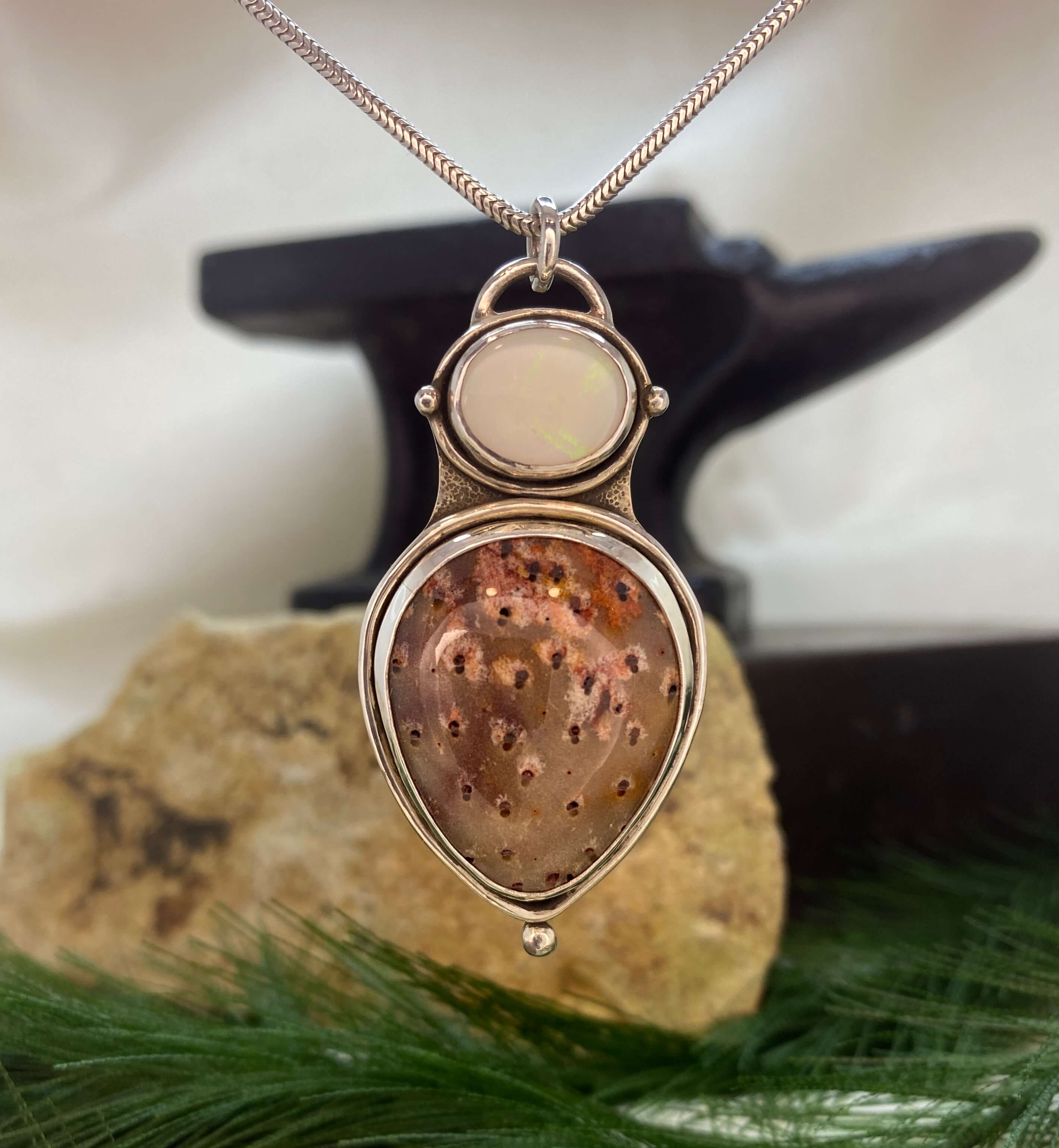 Petrified Palm Wood and Opal sterling silver pendant - front view hanging