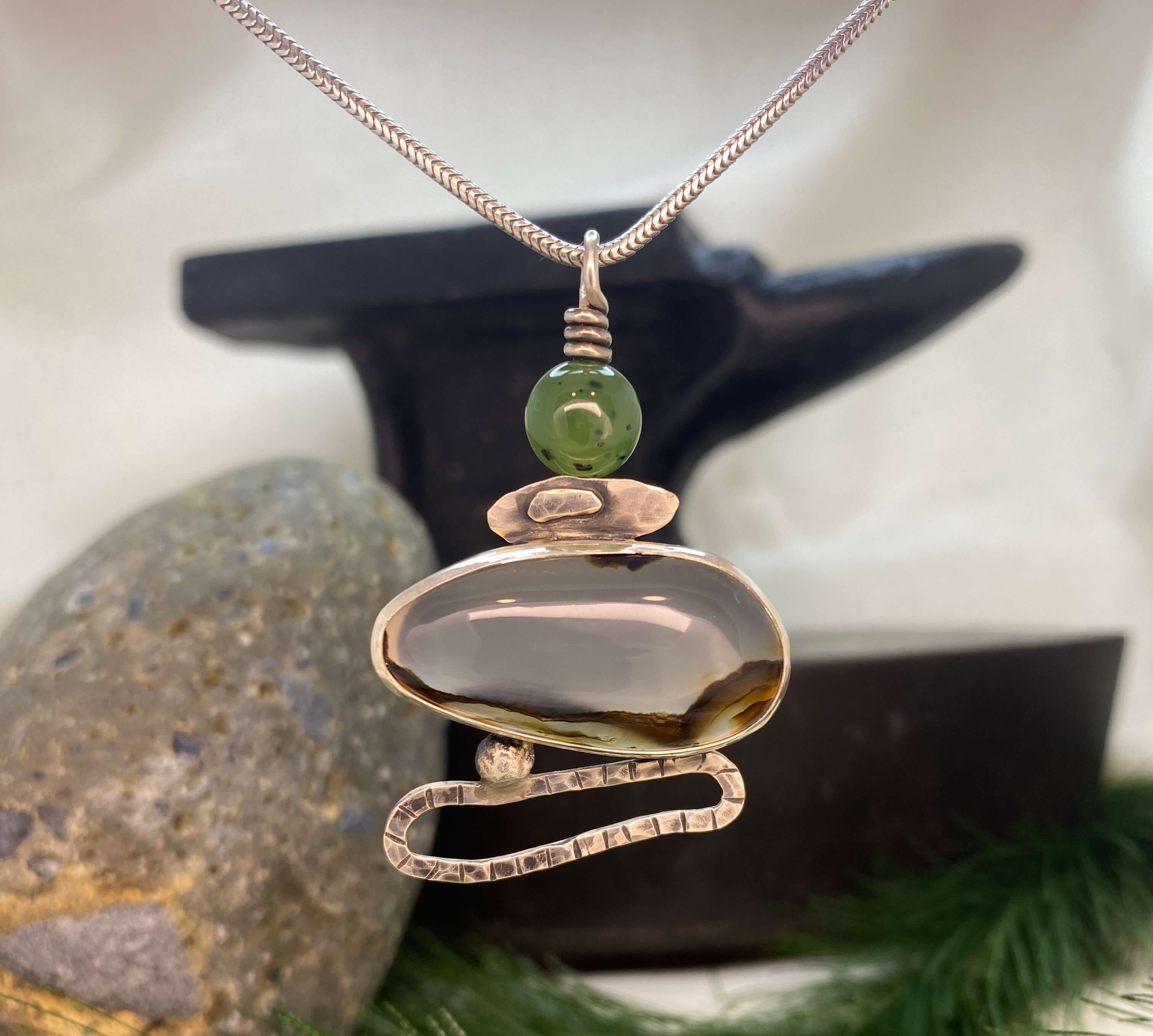 Pendant of Montana Agate, Jade and sterling silver - front view