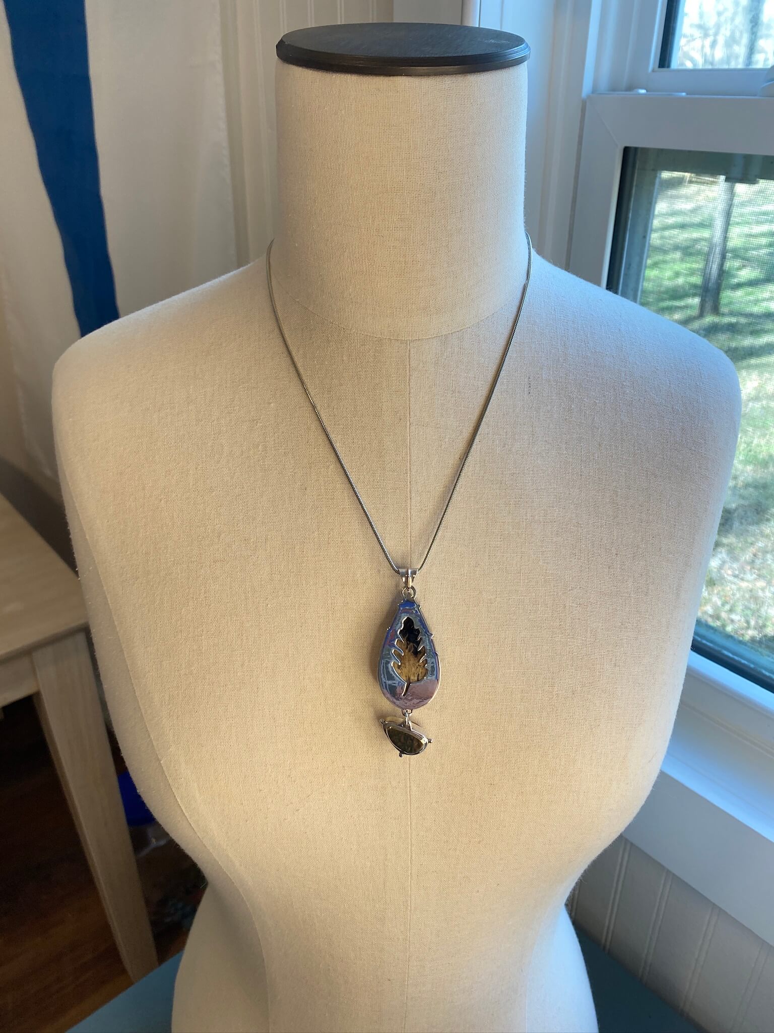 Indonesian Palm Wood and Mexican Opal in sterling silver - draped view