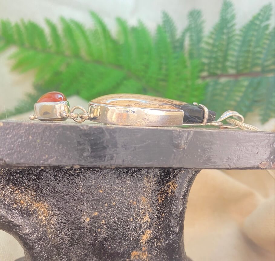 Indonesian Palm Wood and Mexican Opal in sterling silver - left side detail view