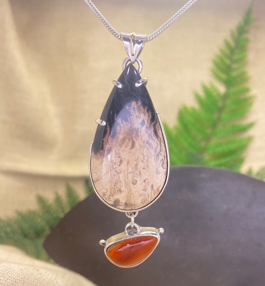 Indonesian Palm Wood and Mexican Opal in sterling silver - front view detail