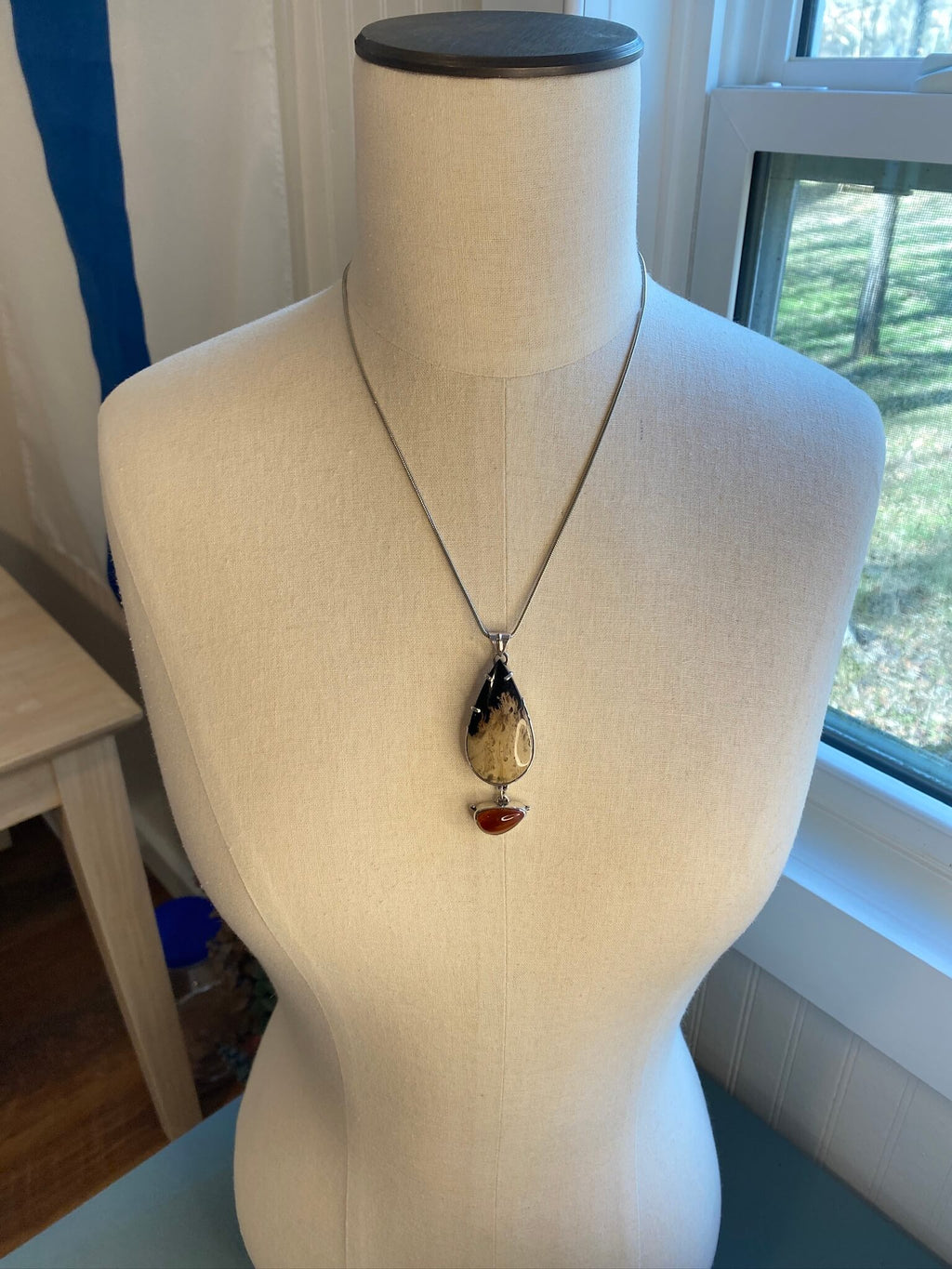 Indonesian Palm Wood and Mexican Opal in sterling silver - draped view