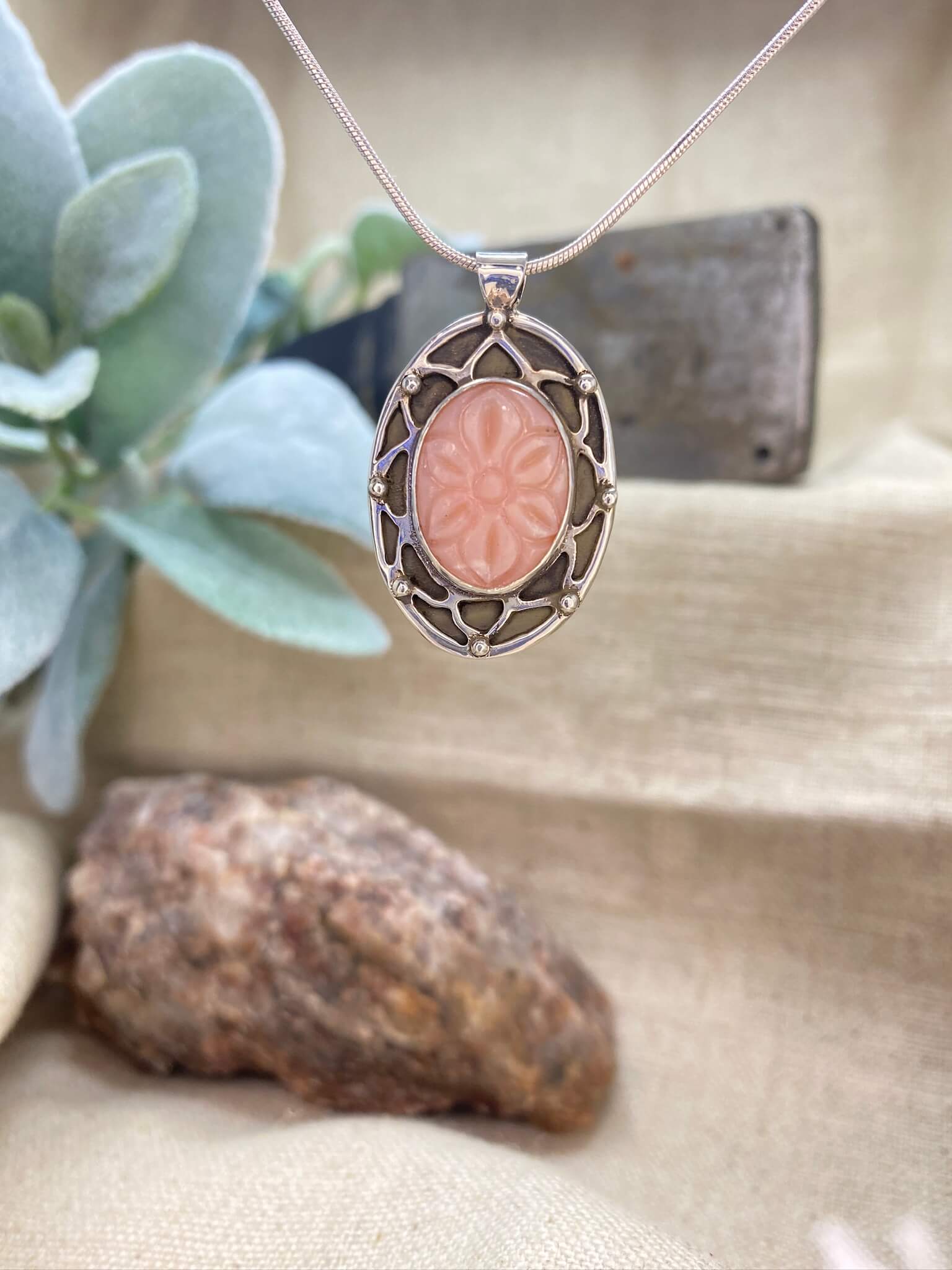 Pink Peruvian Opal Mandala Pendant - front hanging view