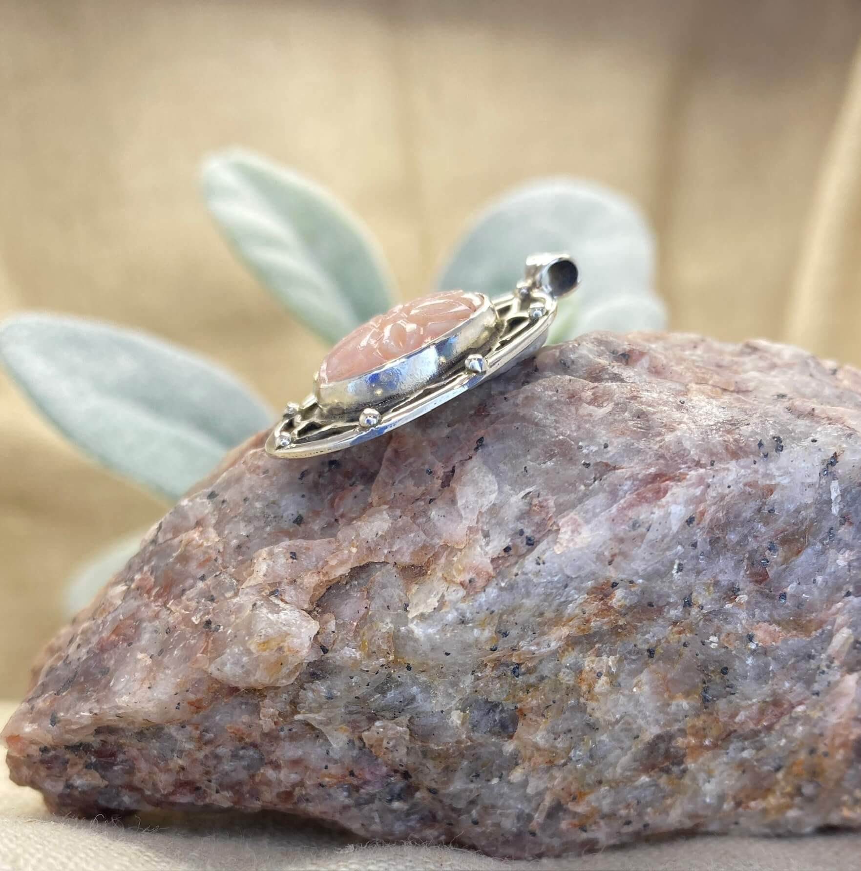 Pink Peruvian Opal Mandala Pendant - left side view