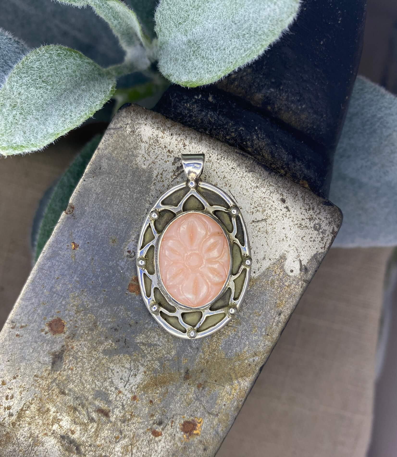 Pink Peruvian Opal Mandala Pendant - overhead view