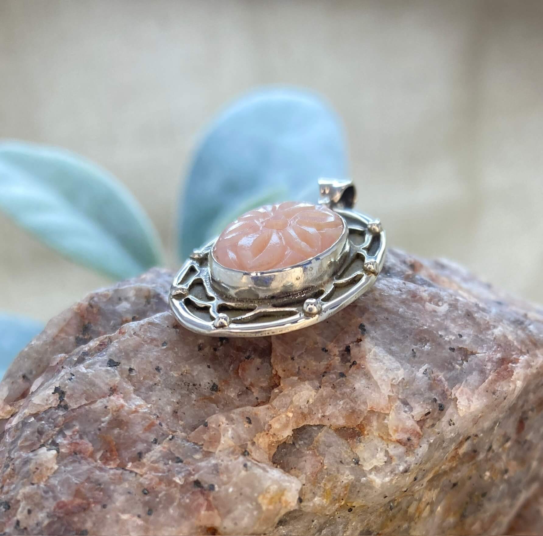 Pink Peruvian Opal Mandala Pendant - detail view