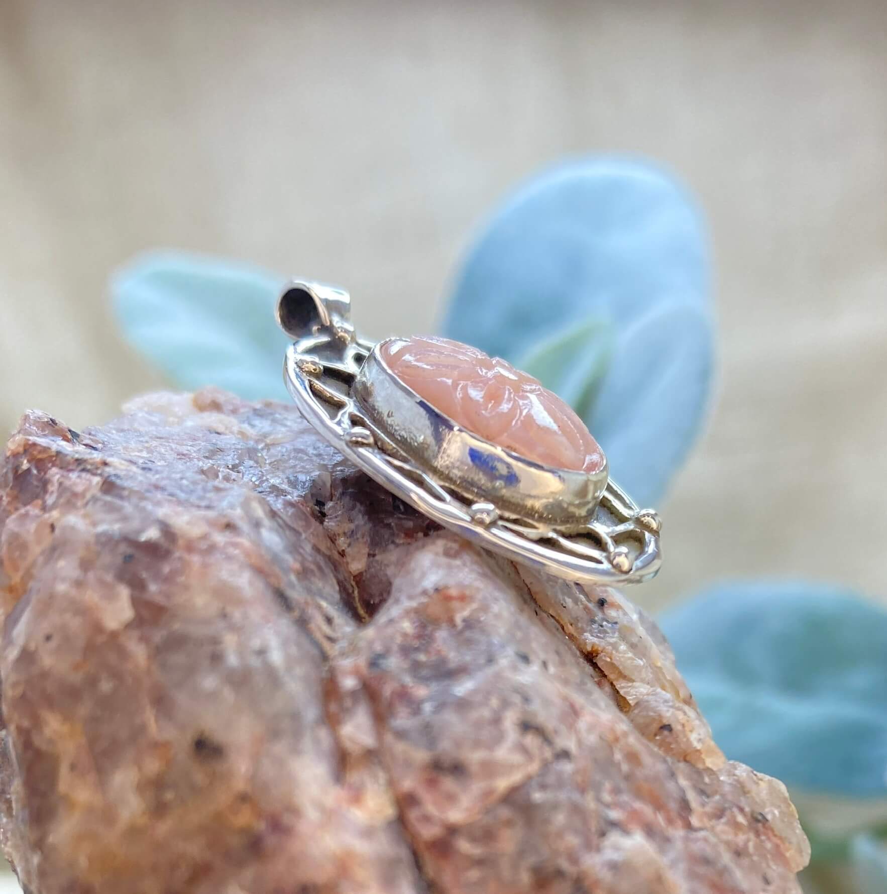 Pink Peruvian Opal Mandala Pendant - right detail view