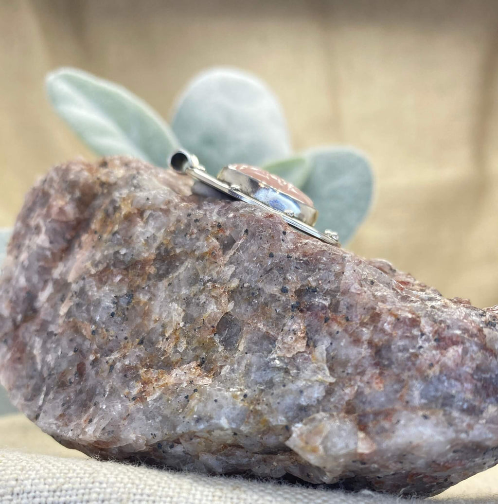 Pink Peruvian Opal Mandala Pendant - right profile view