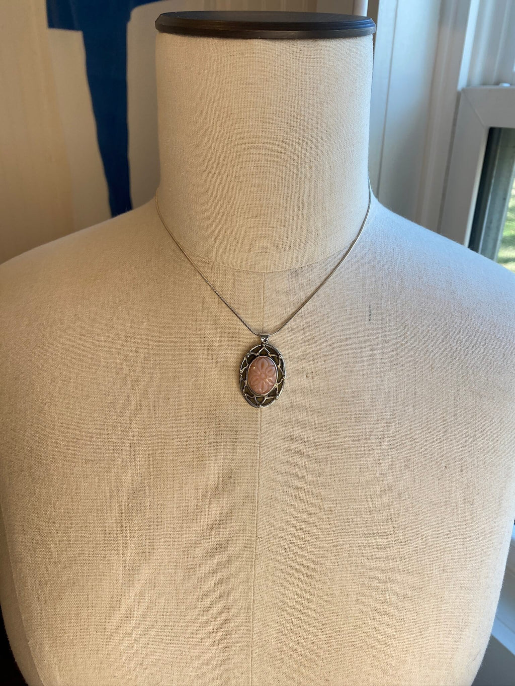 Pink Peruvian Opal Mandala Pendant - draped view