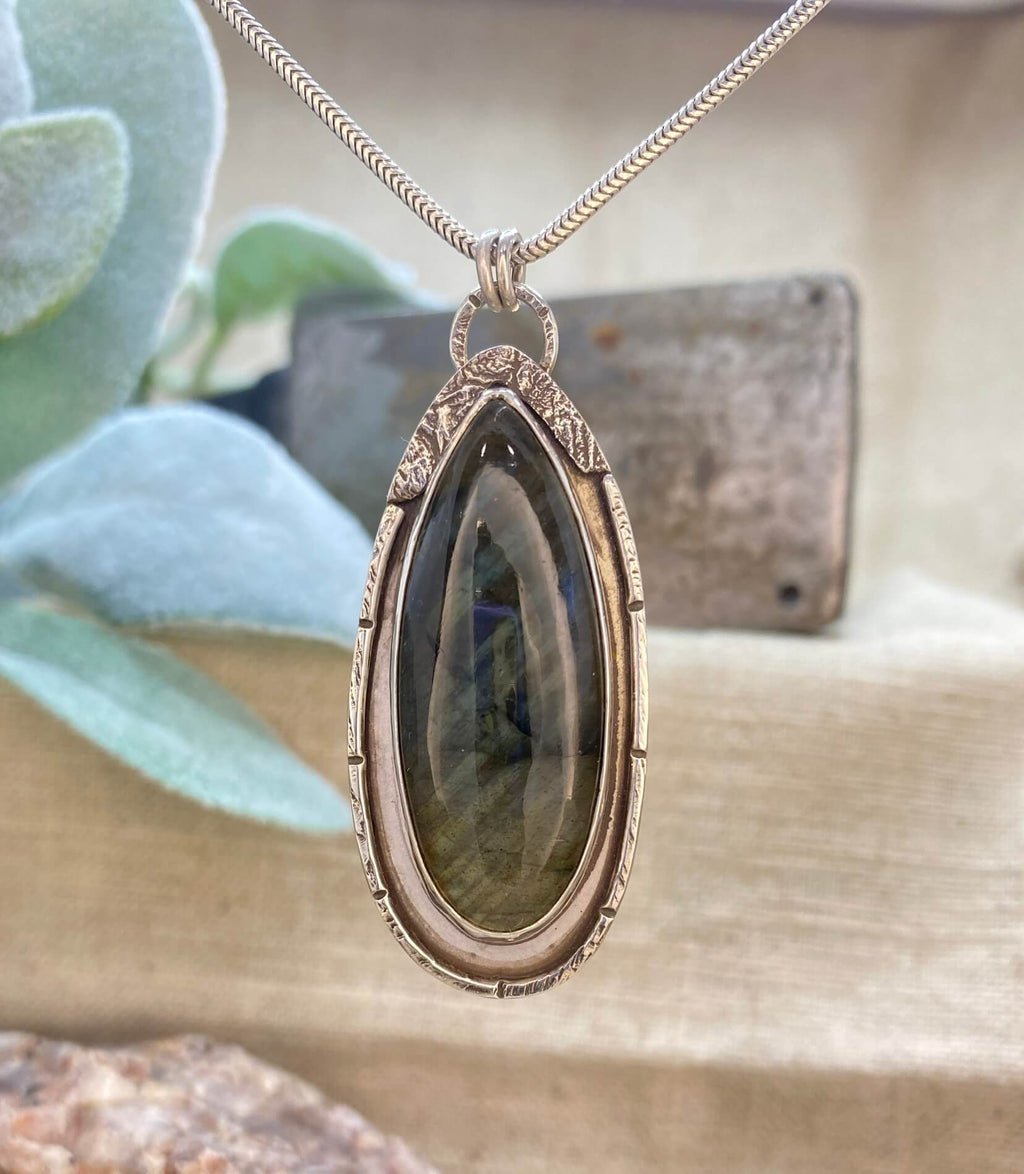 Labradorite with reticulated silver accents - front hanging view
