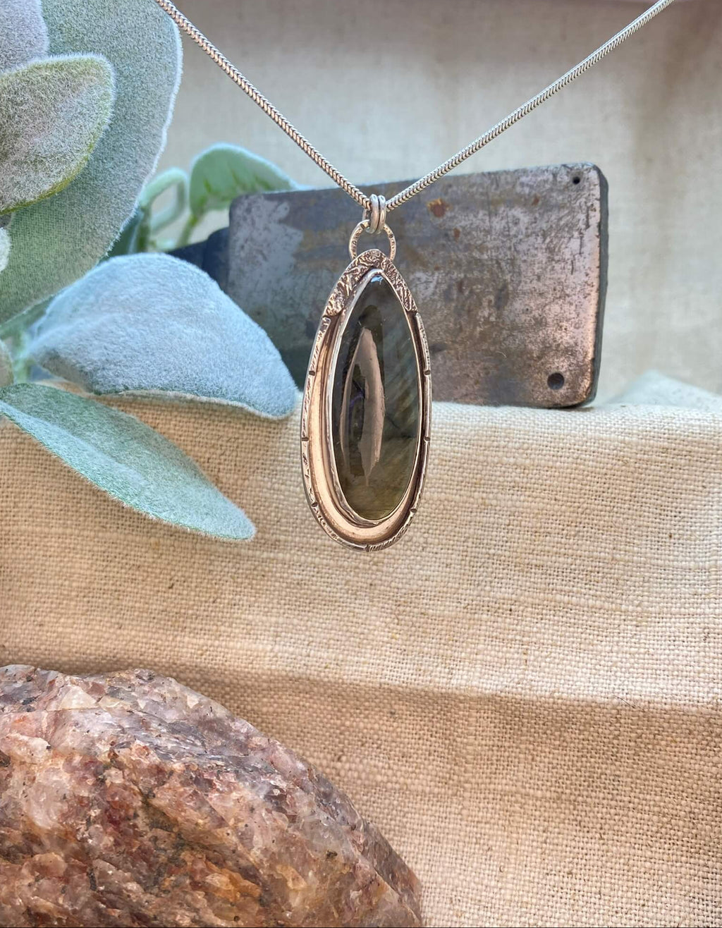Labradorite with reticulated silver accents - front hanging view