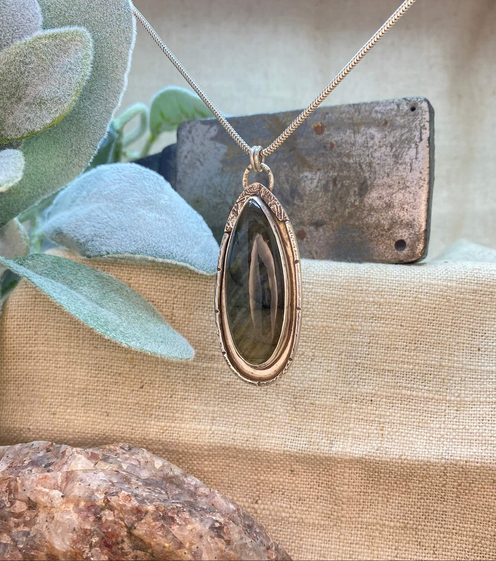 Labradorite with reticulated silver accents - overhead view