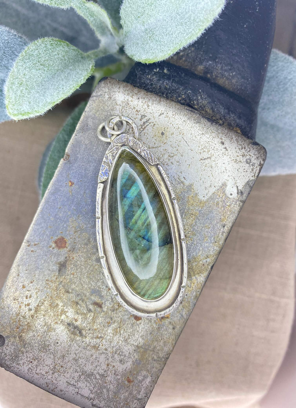 Labradorite with reticulated silver accents - overhead view