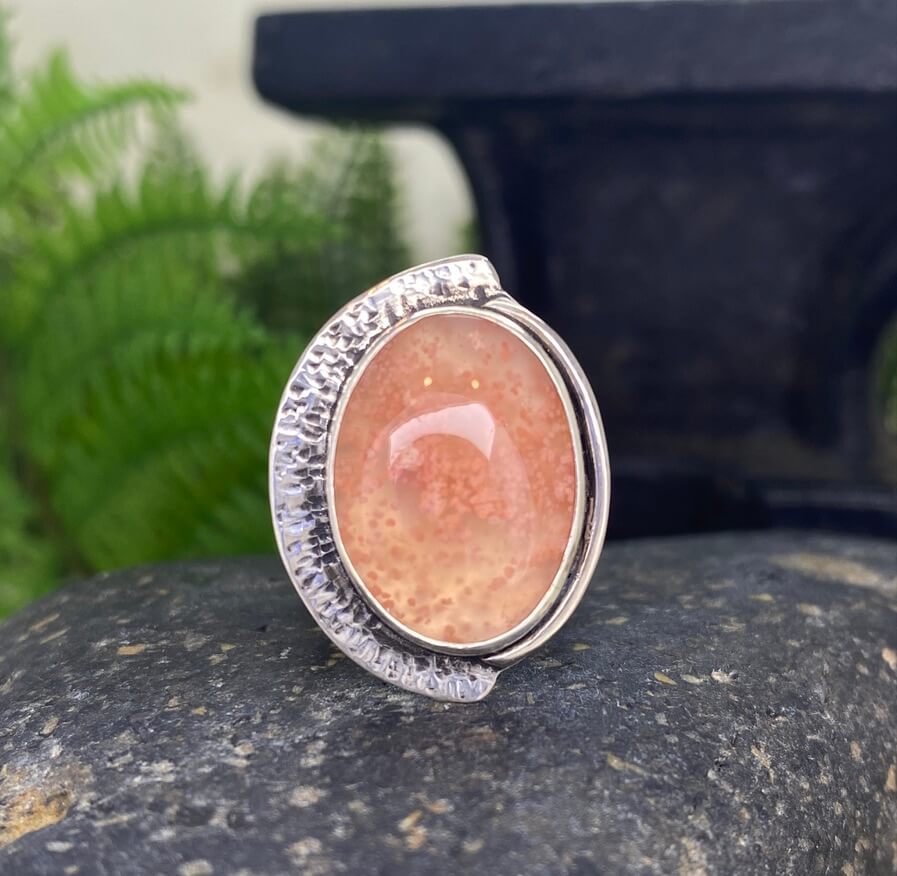 Strawberry Agate Sterling Silver Ring - detail front view