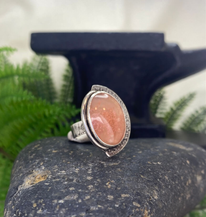 Strawberry Agate Sterling Silver Ring - detail offset view