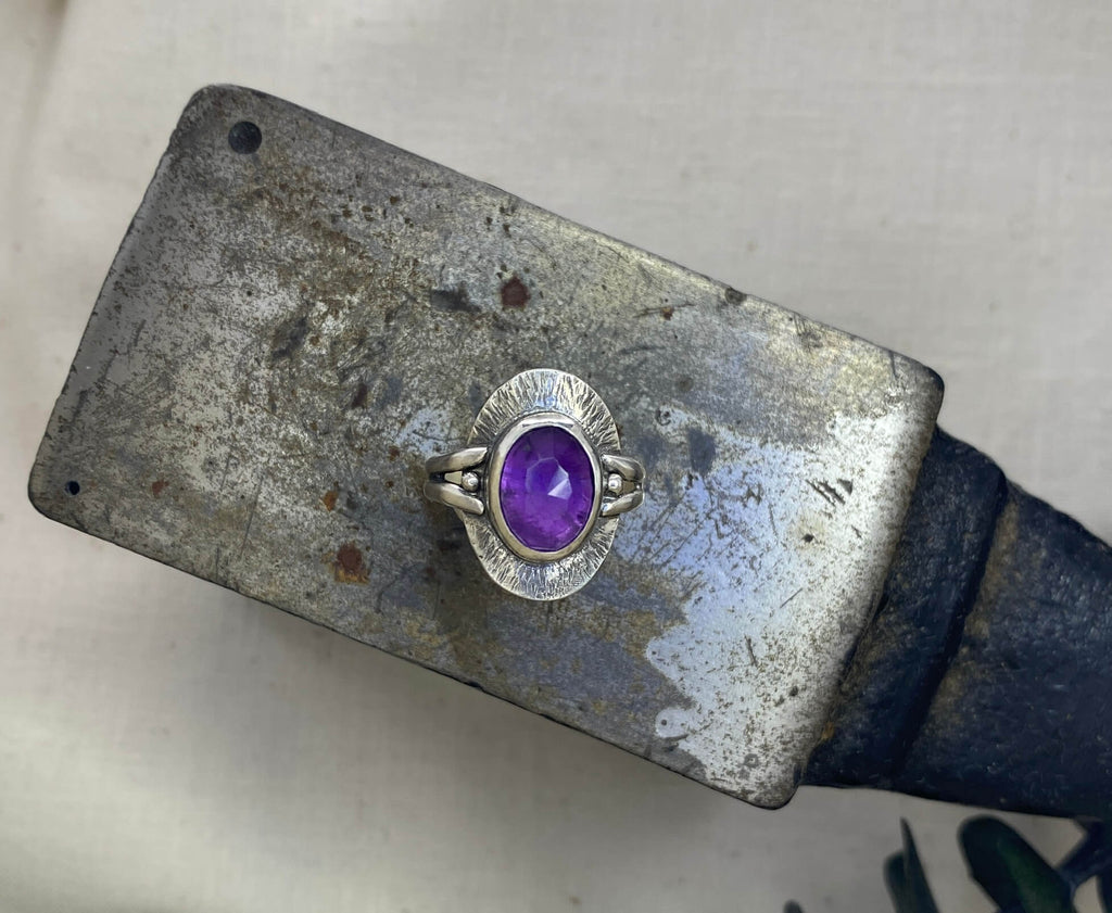 Rose Cut Amethyst in Sterling Silver Ring top view