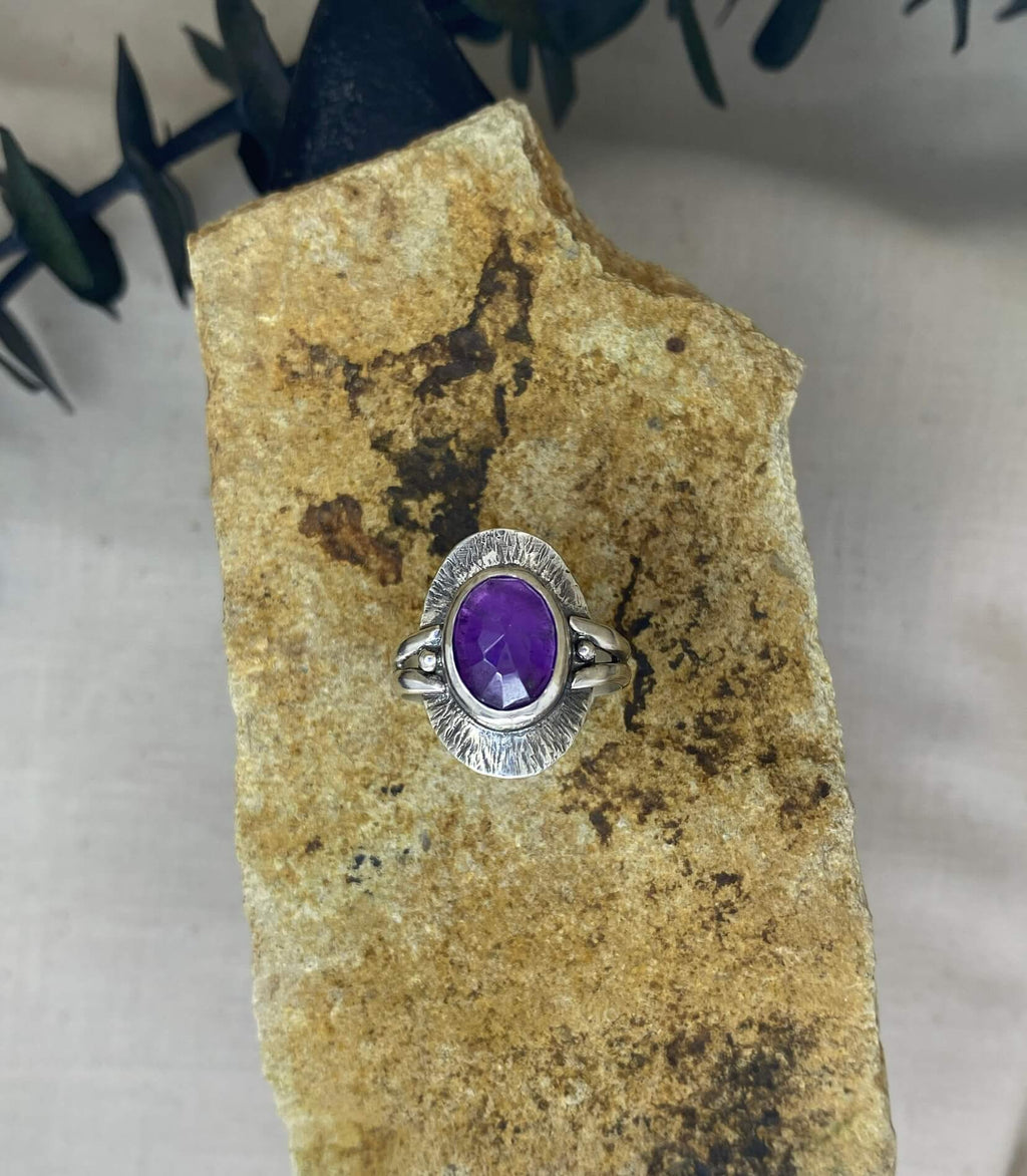 Rose Cut Amethyst in Sterling Silver Ring top view