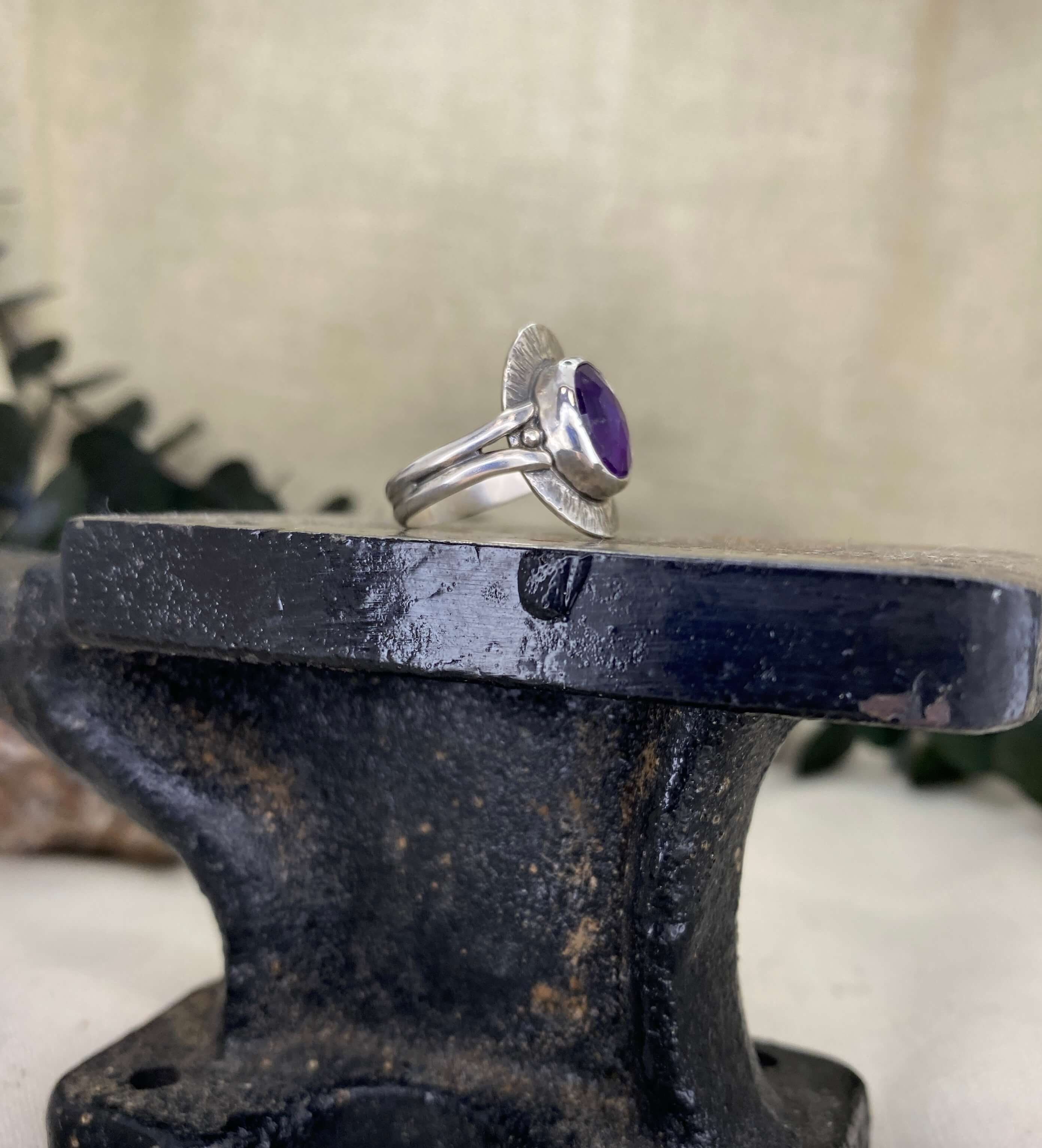 Rose Cut Amethyst in Sterling Silver Ring side view