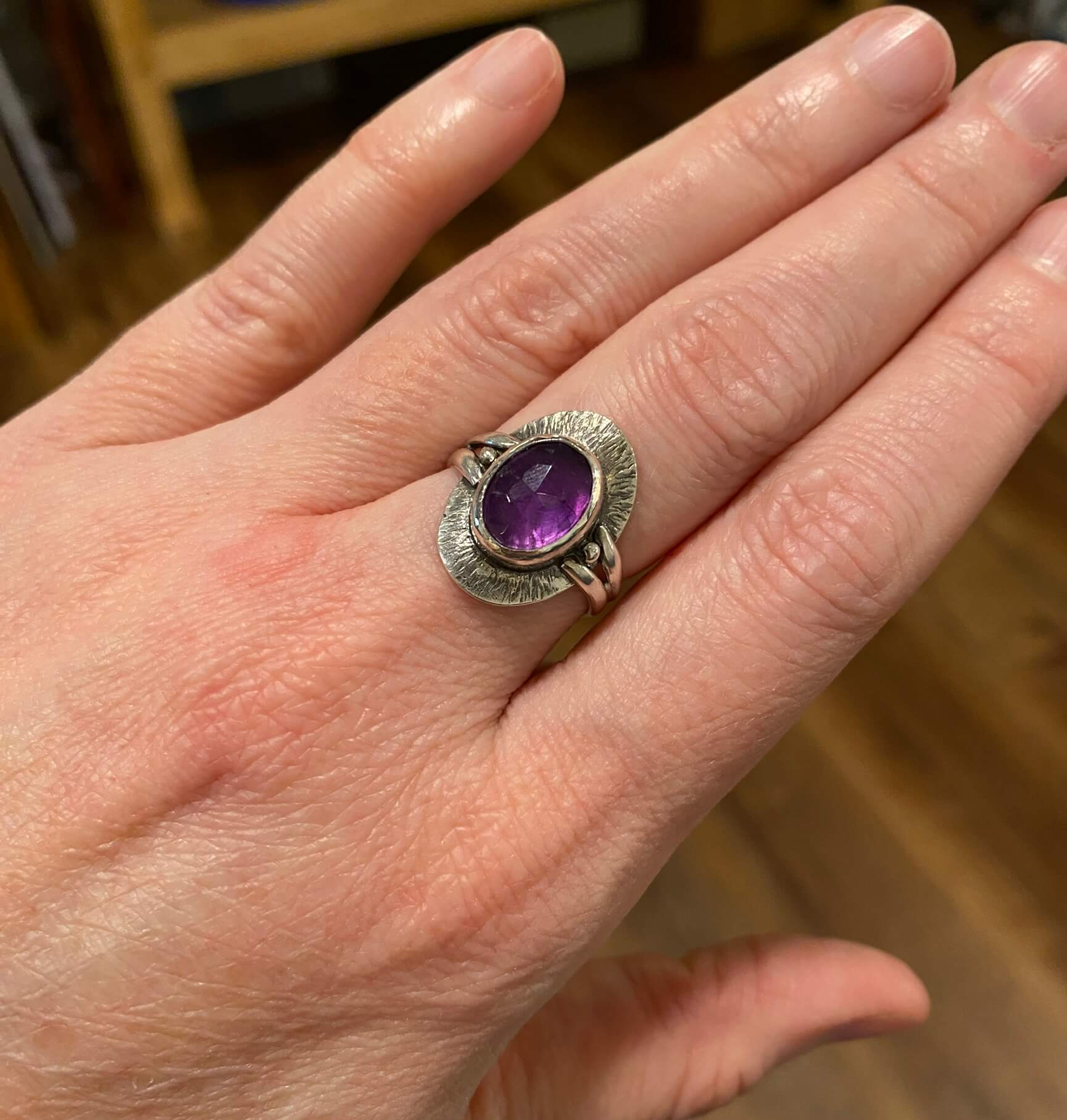 Rose Cut Amethyst in Sterling Silver Ring on hand
