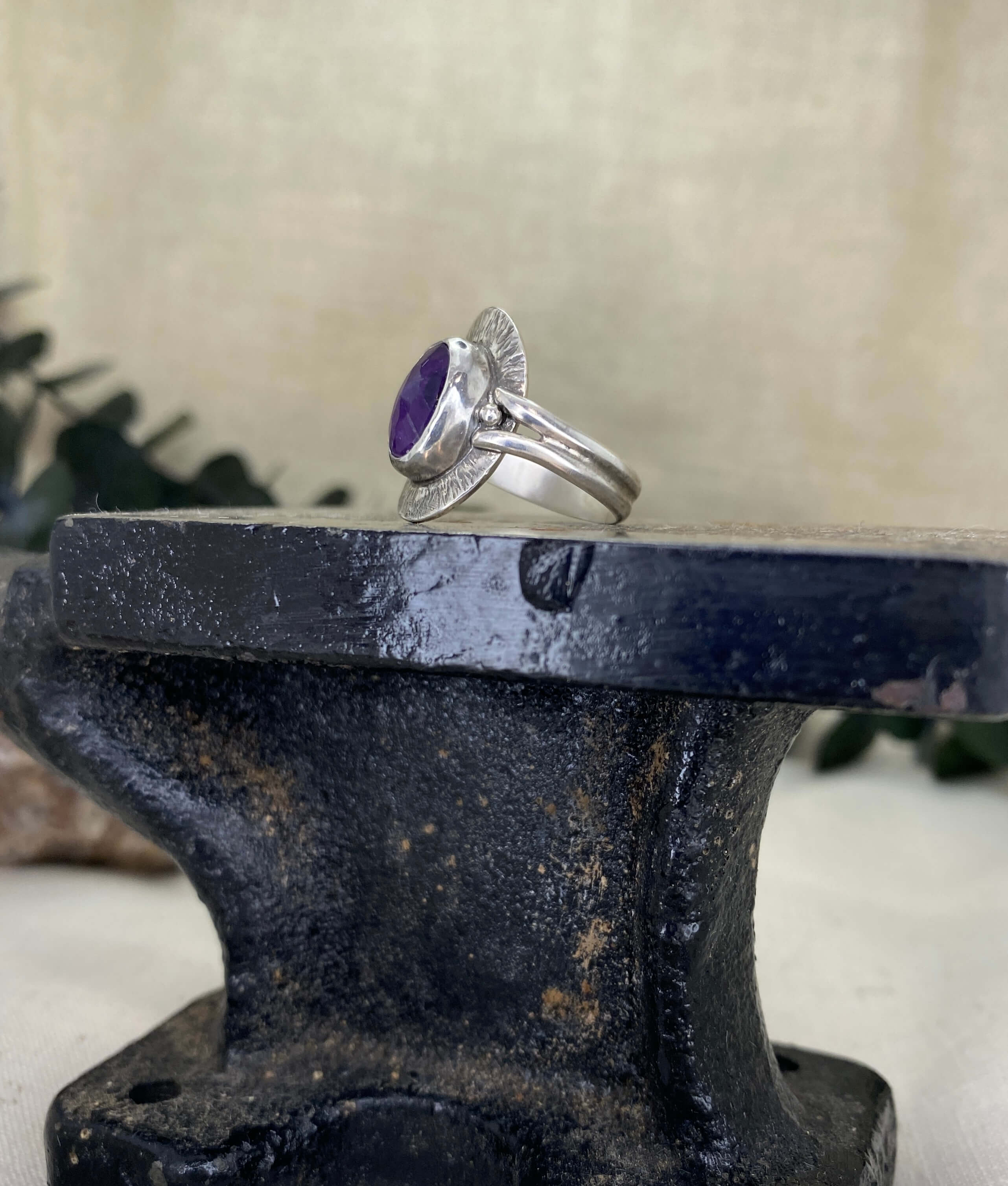 Rose Cut Amethyst in Sterling Silver Ring side view